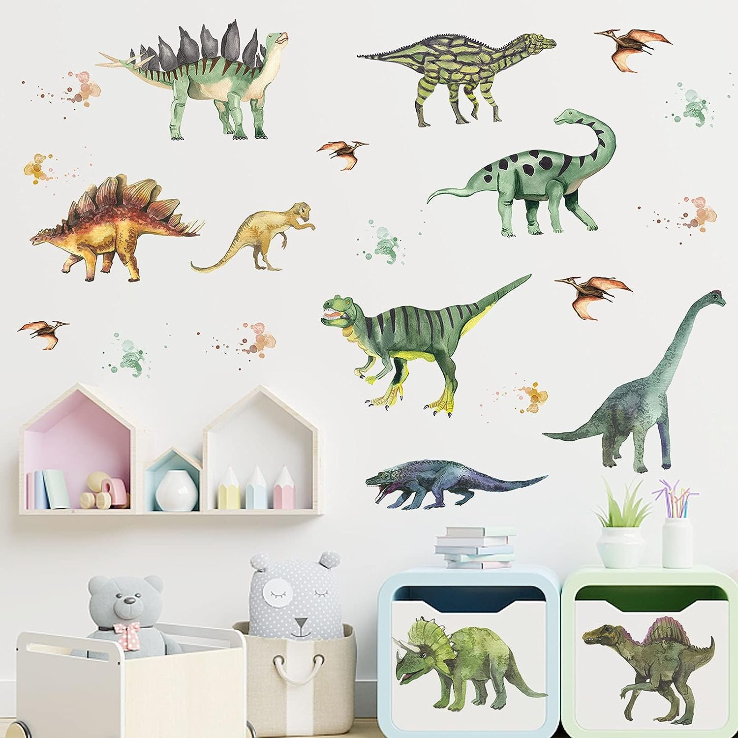 14Pcs Dinosaurs Wall Stickers, Removable Forest Dinosaur Wall Decals Waterproof Dino Animal Decor Mural for Bedroom Living Room Bathroom Home Decoration image number 3