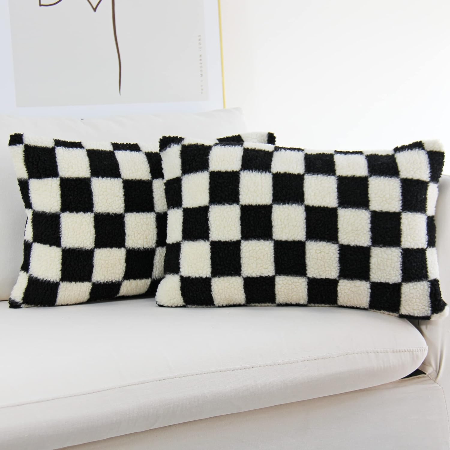 JOJUSIS Decorative Throw Pillow Covers Luxury Style Checkerboard Pattern Cushion Case Super Soft Faux Fur Wool Pillowcases for Couch Bedroom Pack of 2 (Black, 20 X 20-Inch) image number 1