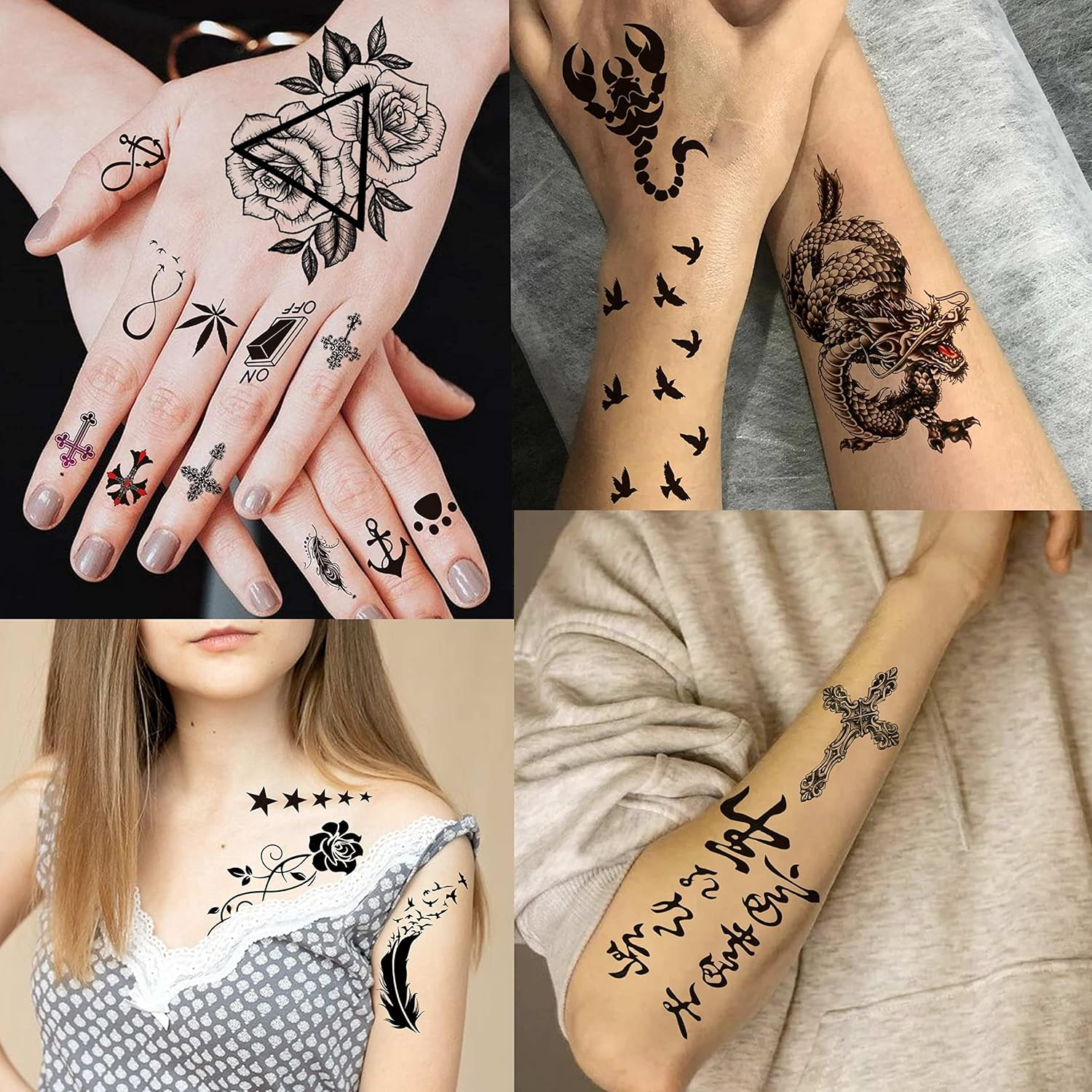 66 Sheets 3D Small Black Temporary Tattoos for Women Men Waterproof Fake Tattoo Stickers for Face Neck Arm Children Flower Birds Star Realistic Tatoo Kits for Boy Girls Adults image number 6