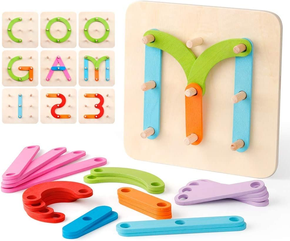 Coogam Wooden Letter Number Sorter Puzzle Educational Stacking Blocks Toy Set Shape Color Construction Pegboard Sorter Activity Board Sort Game for Kids Toddler Gift Preschool Learning Toy image number 6