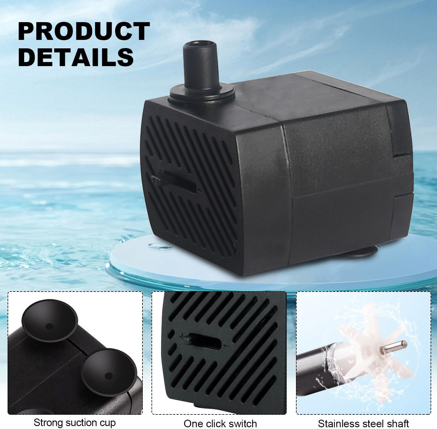 Mini Submersible Pump, 350L/H Aquarium Submersible Water Pump, 5W Ultra Quiet Adjustable Pump for Gardening, Wigwams, Fish Tanks, Gardens, Fountains, with Two Diameter Nozzles image number 3