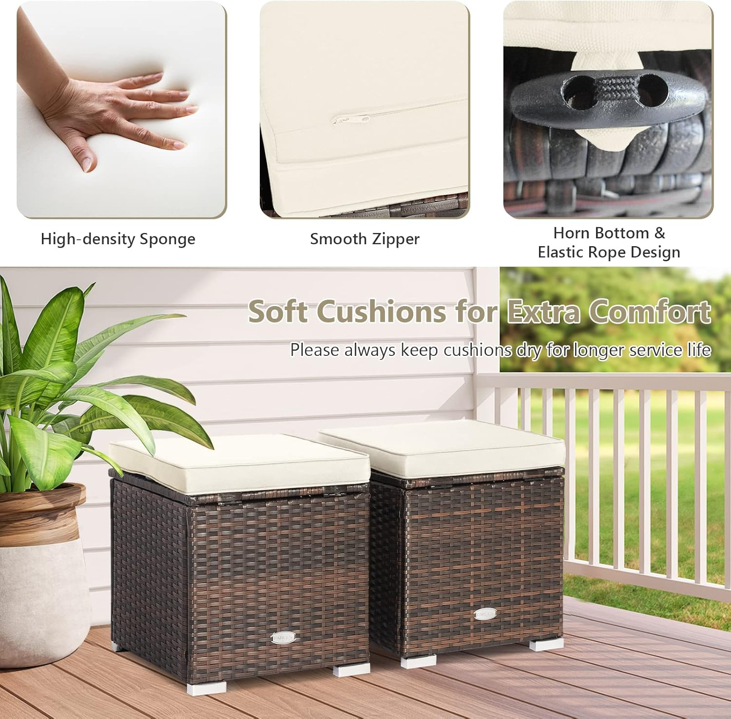 Costway 2-Pieces Patio Ottomans, Outdoor Hand-Woven PE Rattan Side Table W/Removable Cushion & Hidden Storage Space, Footrest, Storage Box, Seat for Patio, Backyard, Poolside (White (Cushion)) image number 2