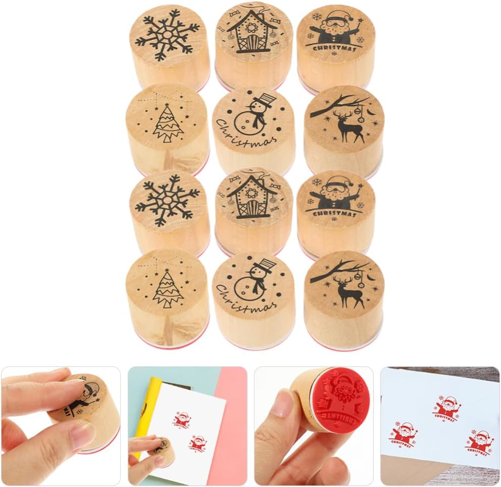 12 Pieces Merry Christmas Wooden round Rubber Stamps: Xmas Floral Craft Ink Pads Mixed Craft Stamps for Party Decor Scrapbooking Cards