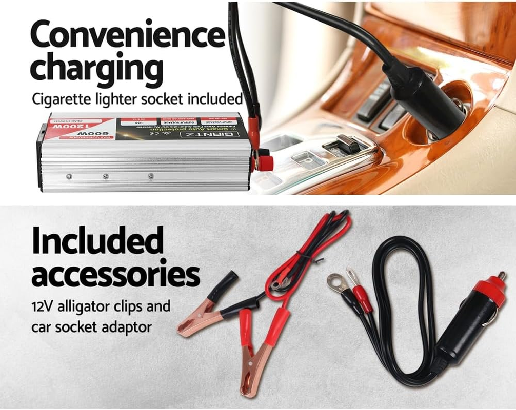 Giantz Power Inverter, 600W/1200W 12V to 240V Electric Portable Pure Sine Wave Inverters Adapter Convertor Camping Car Boat Caravan Laptop Accessories, Convenient USB Output Silver