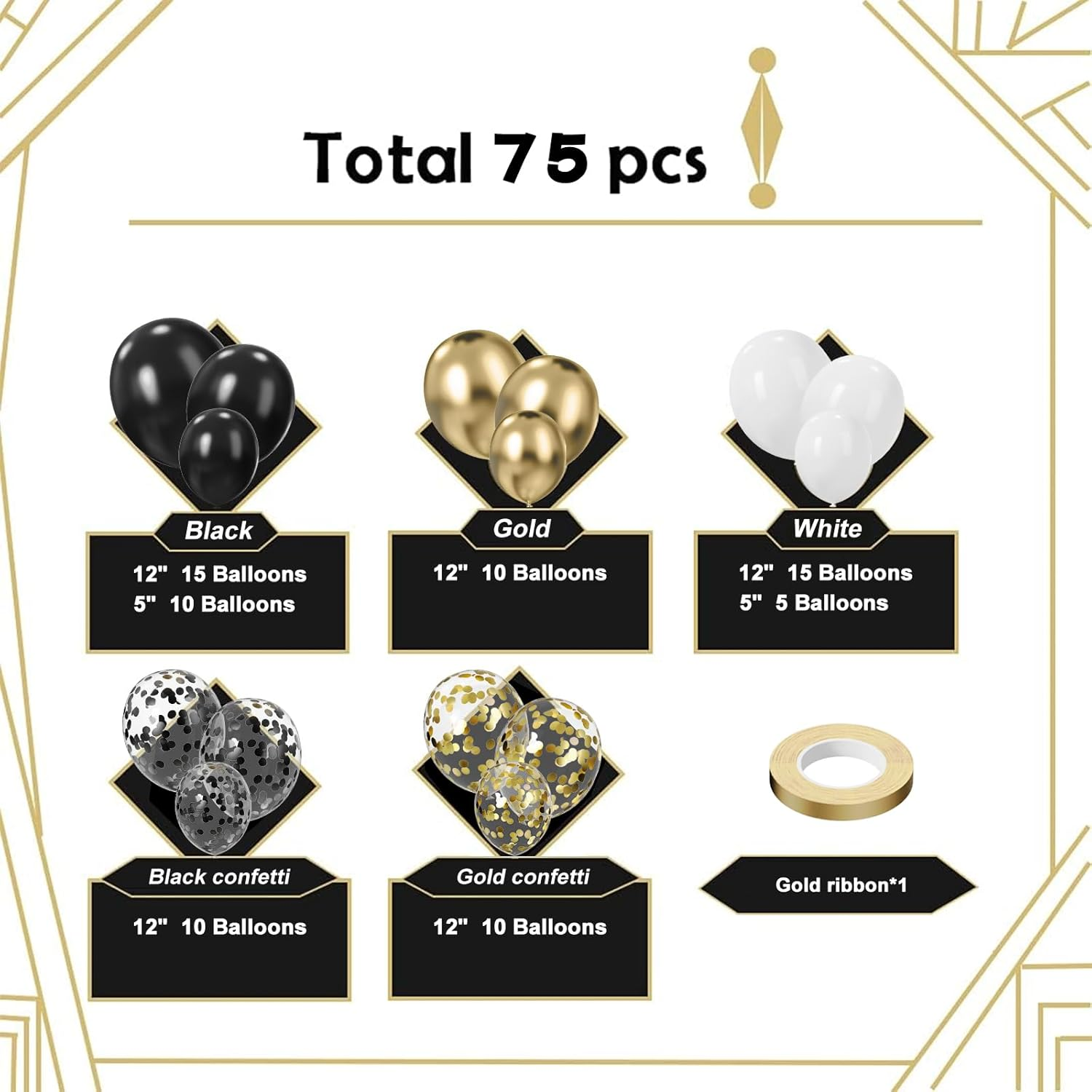 Black White Gold Balloon 75Pcs,Black White and Gold Party Decorations, 12In and 5In Black Gold White Party Balloons for Black White and Gold Birthday Decorations, New Year Balloons, Wedding Decoration