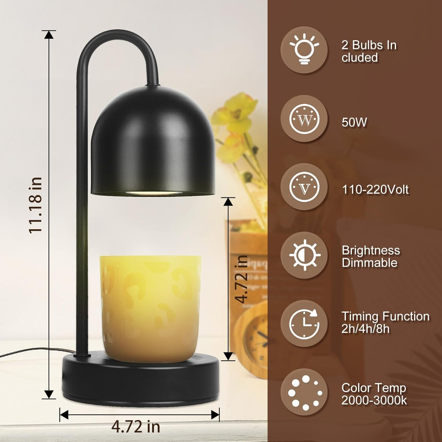 Dimmable Candle Warmer Lamp - Candle Wax Warmer with 2 * 50W Halogen Bulbs, Black Iron Base, for Bedroom & Living Room Decor image number 1