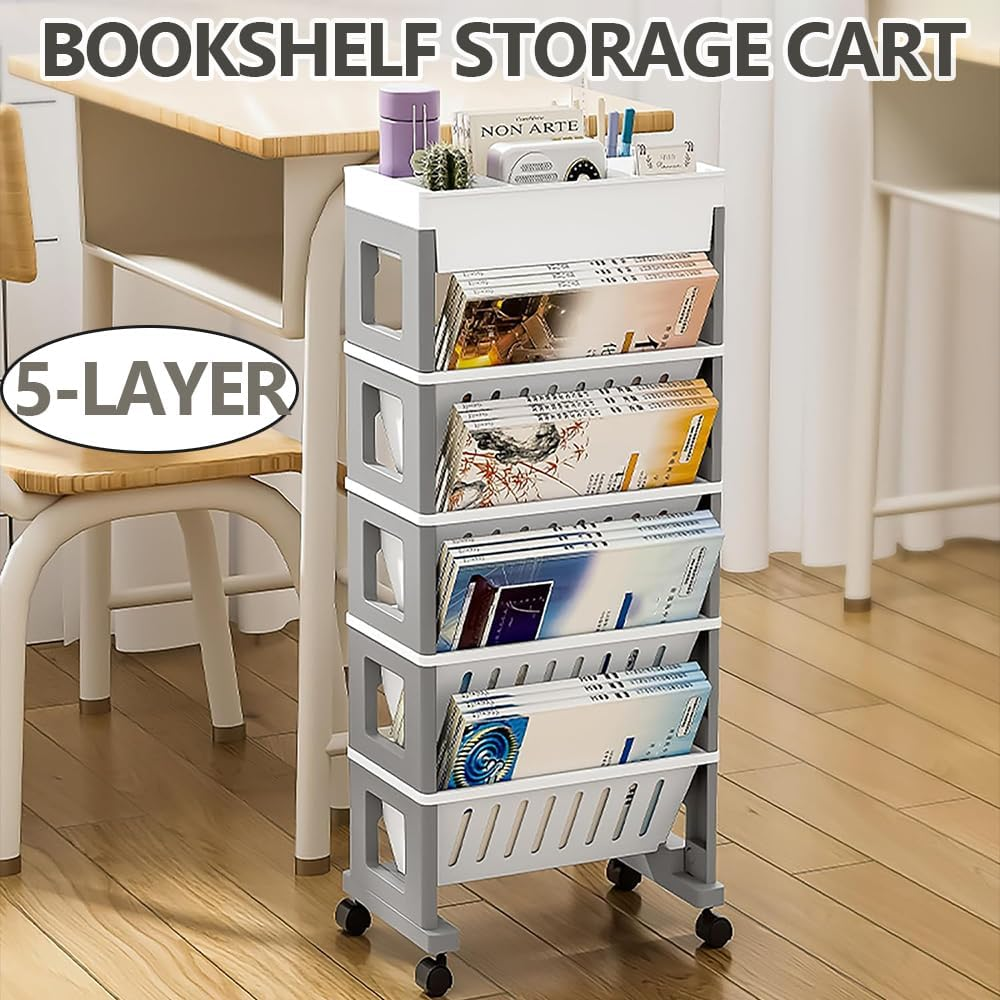 5-Layer Mobile Bookshelf with Wheels, Removable File Folder Organizer Cart, Multifunctional Rolling Practical Storage Cart for Study Room, Classroom, Office, Dormitory School (White Gray) image number 6