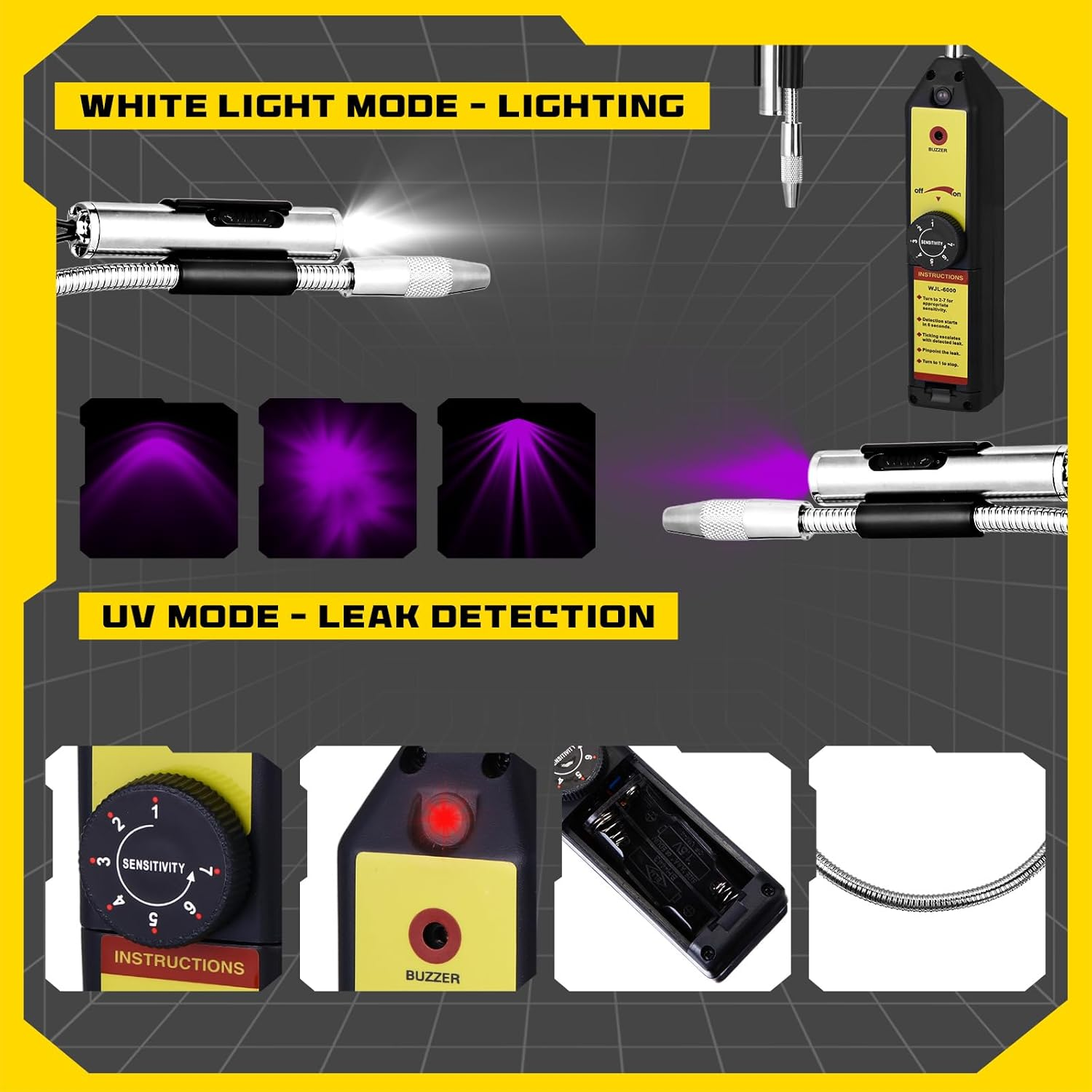 Ac Leak Detector Kit Tool Wjl-6000 Refrigerant Leak Detector with 68 LED UV Flashlight and Yellow UV Protective Glasses for HVAC Air Conditioner R22 R410A R134A(Yellow) image number 1