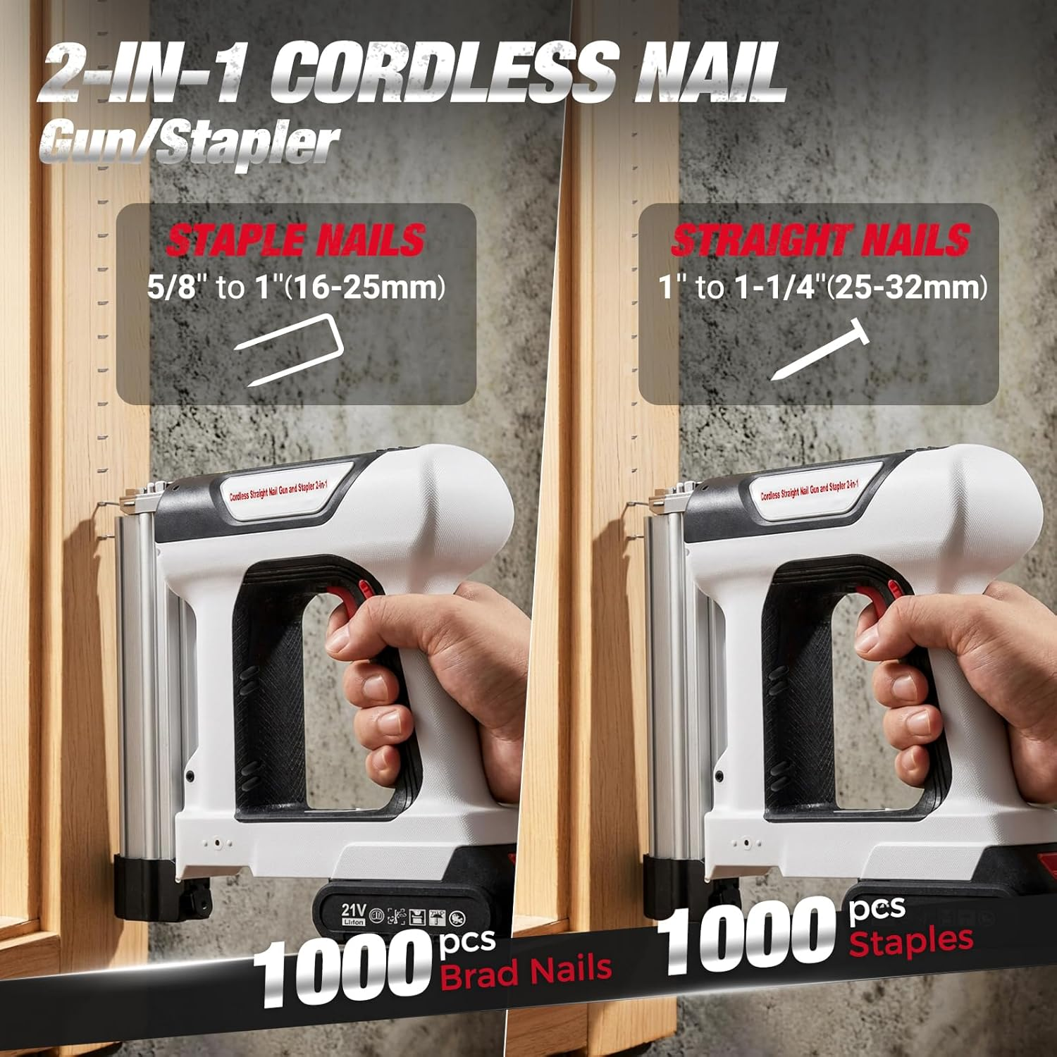 Advwin Brad Nail Gun, 2 in 1 Electric Nailer/Staple Gun, 18 Gauge Cordless Brad Nailer with 1000Pcs Straight Nails/Staple, 2 Nailing Modes, for Woodworking, Material Repair, DIY, Home Improvement