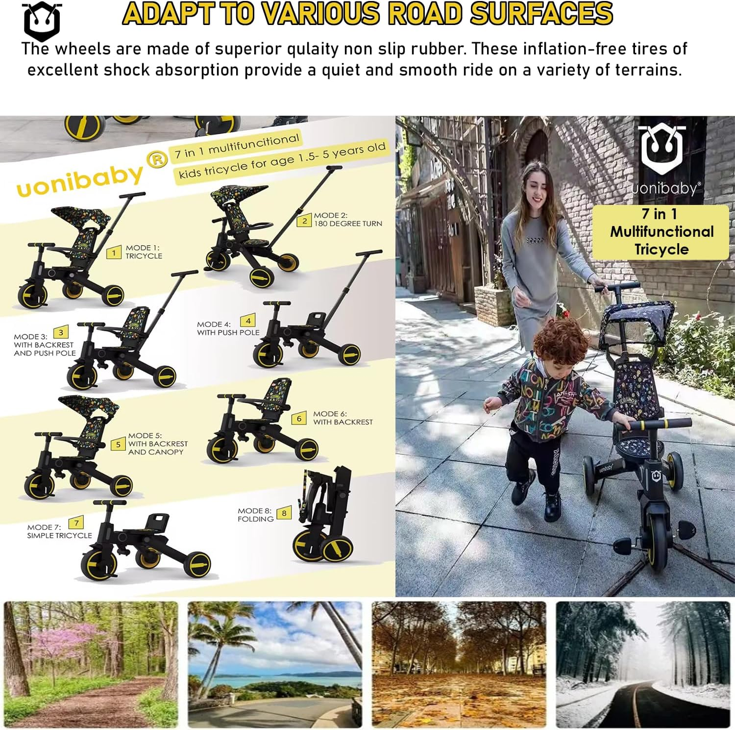 7 in 1 Kids Tricycle with Parent Steering Push Handle. Kids Bike, Balance Bike. Lightweight and Portable Push Bike with Removable Pedals. Toddler Trike with Canopy, Guardrail & Safety Harness (Red) image number 6