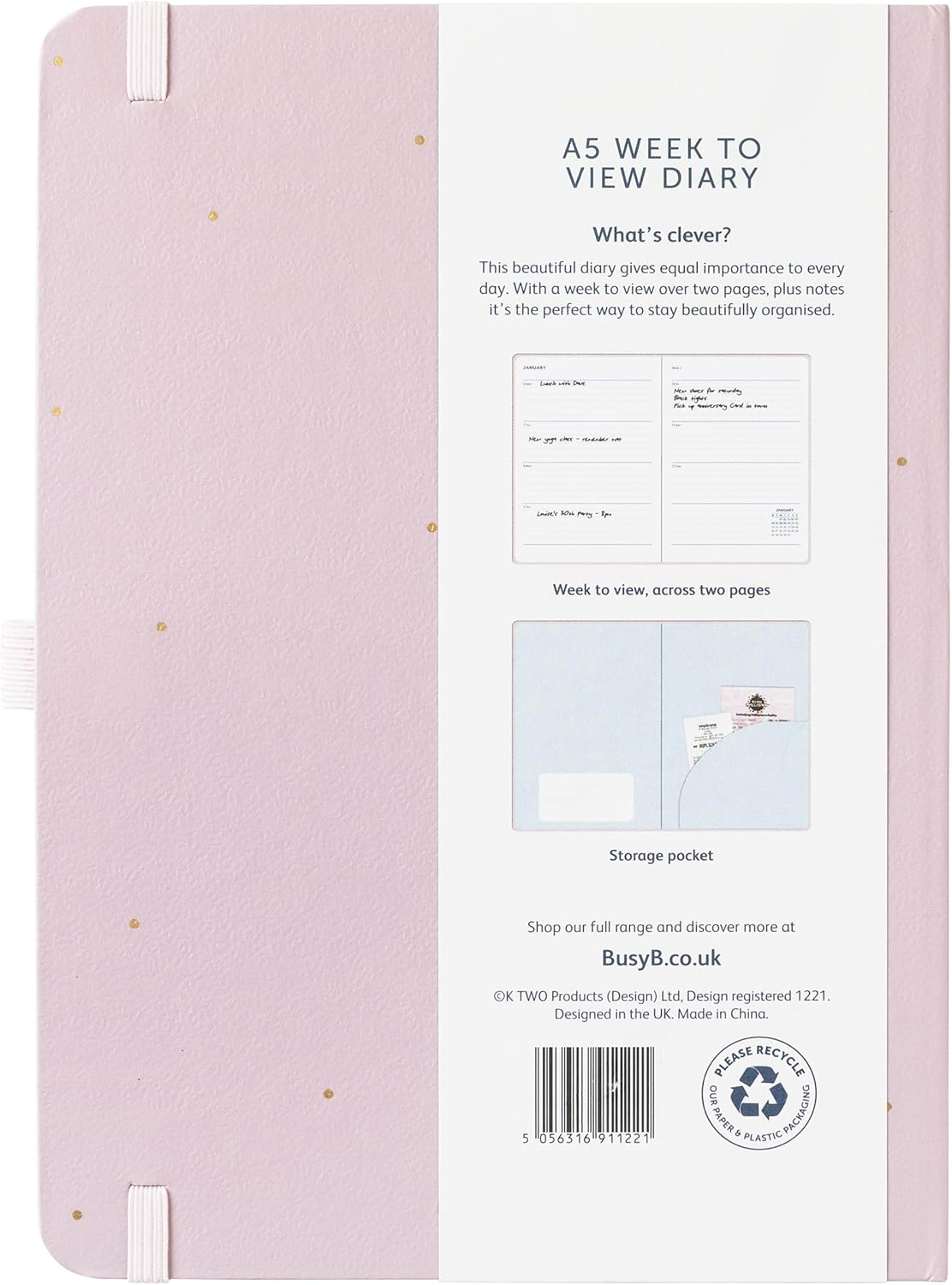 Busy B A5 Weekly Planner Diary 2025 - Compact Diary for Students, Teachers, Work & More with a Week-To-View Layout, Notes Pages, Storage Pocket & Elastic Closure Band - Pink Planner Jan-Dec