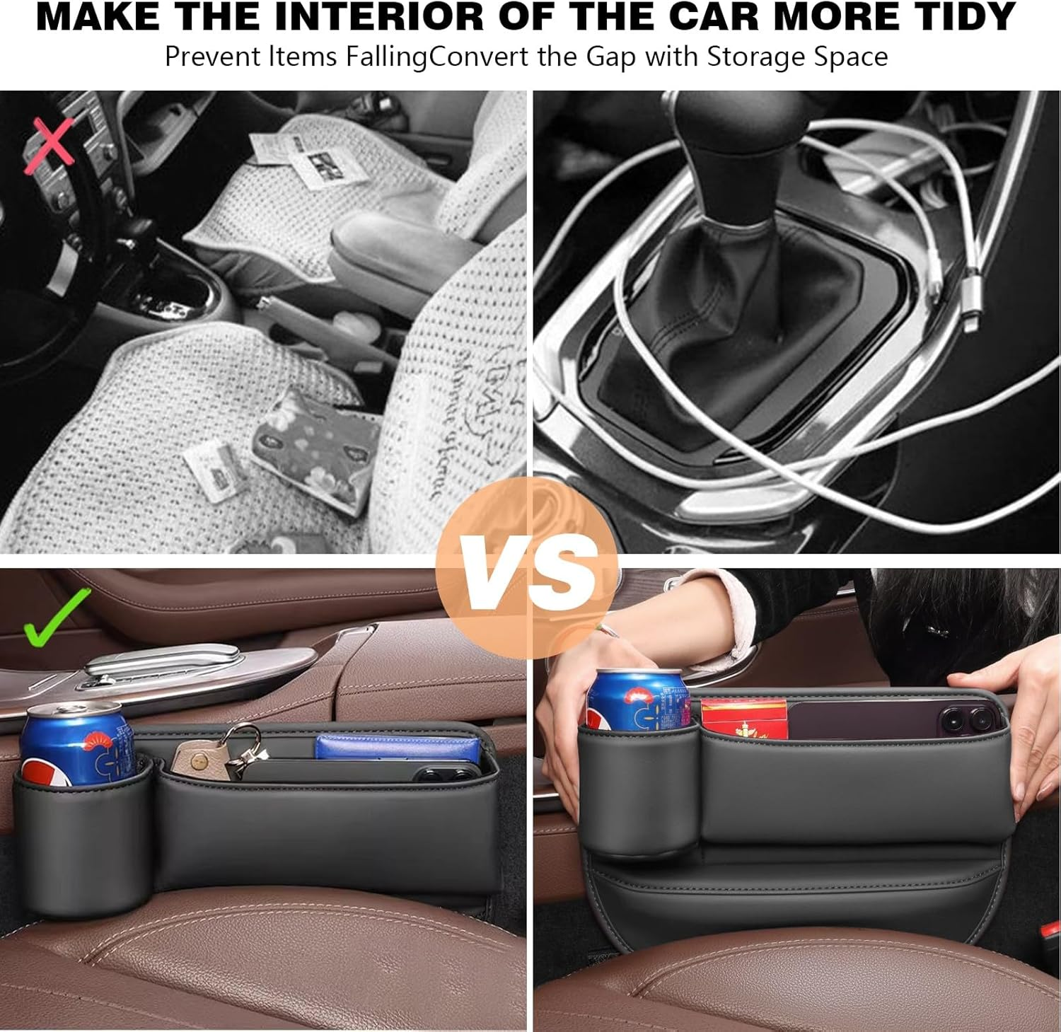 2PCS Car Seat Gap Fillers and Organizer,Multi-Functional PU Leather Storage Box with Cup Holder for Car,Perfect for Storing Phone,Currency,Cards,And Keys in between Seats