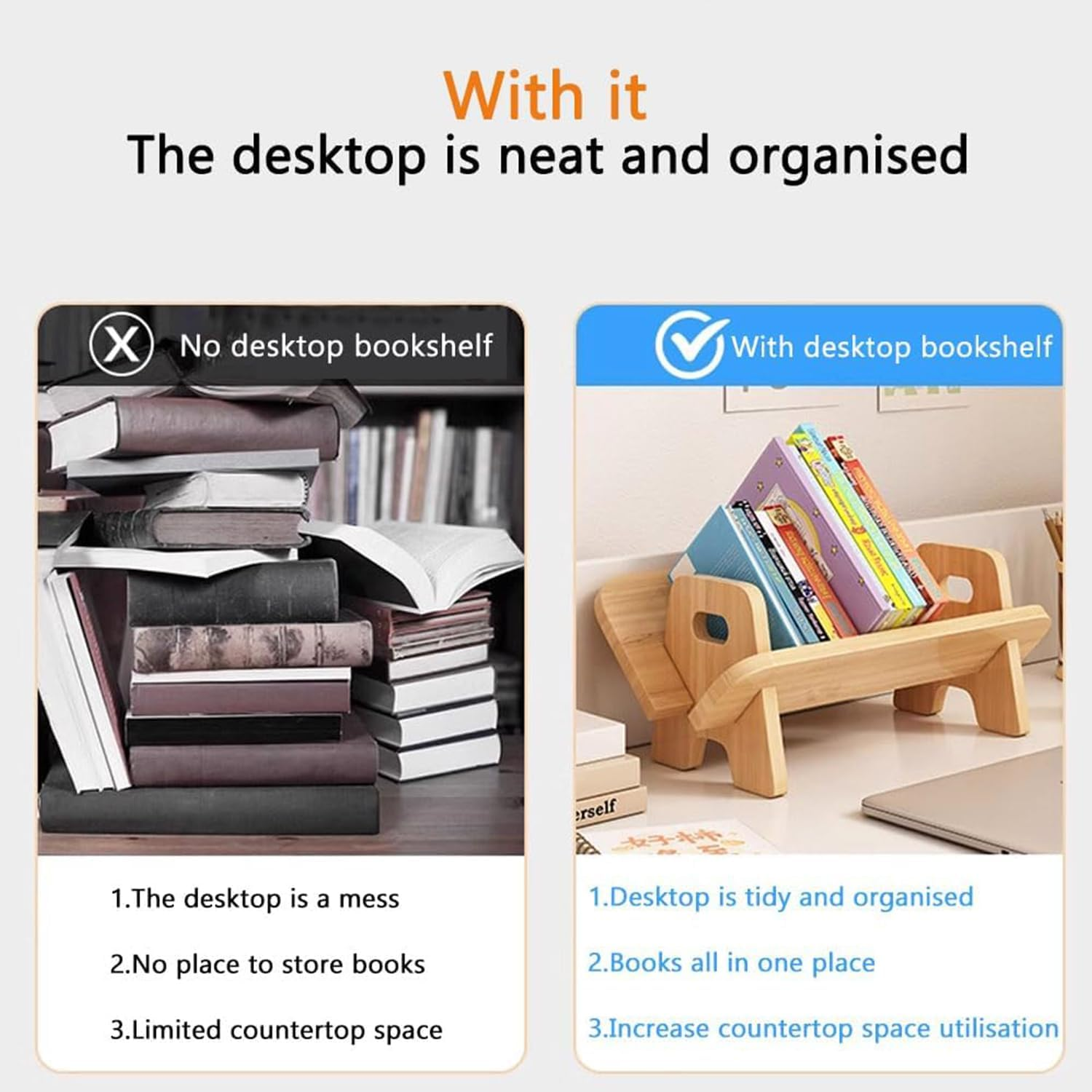 Solid Wood Minimalist Desk Bookshelf, Small Wood Tilting Bookshelf, Desk Organizer Bookstand, Smooth Display Bookshelves, Wear-Resistant Small Bookstand Storage Rack for Bedroom Offices image number 6