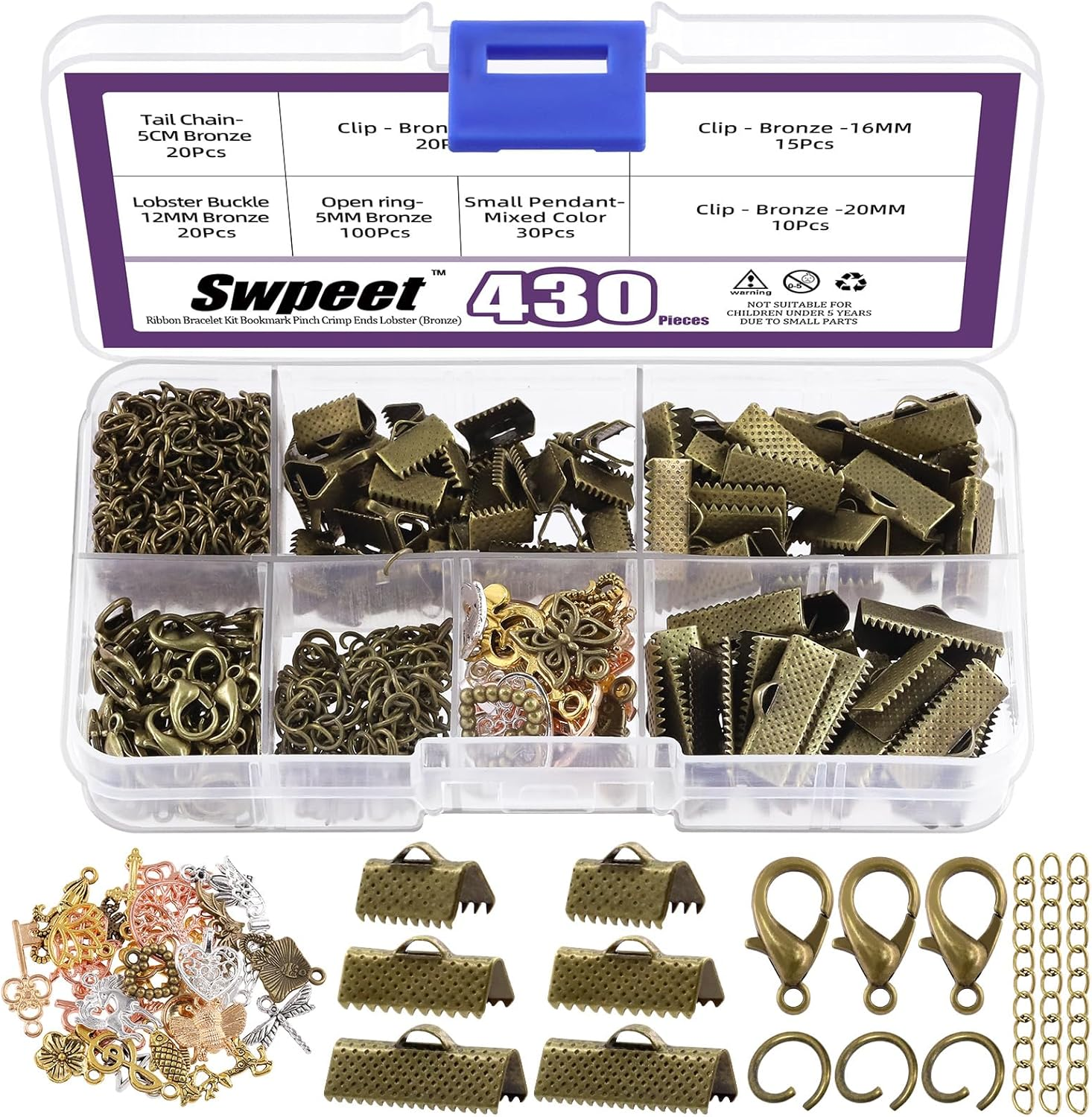 Swpeet 430Pcs Bronze Ribbon Bracelet Assortment Kit, Bookmark Pinch Crimp Ends Lobster Clasps with Jump Rings and Chain Extenders for DIY Making Bookmark Pinch Bracelet Choker Necklace