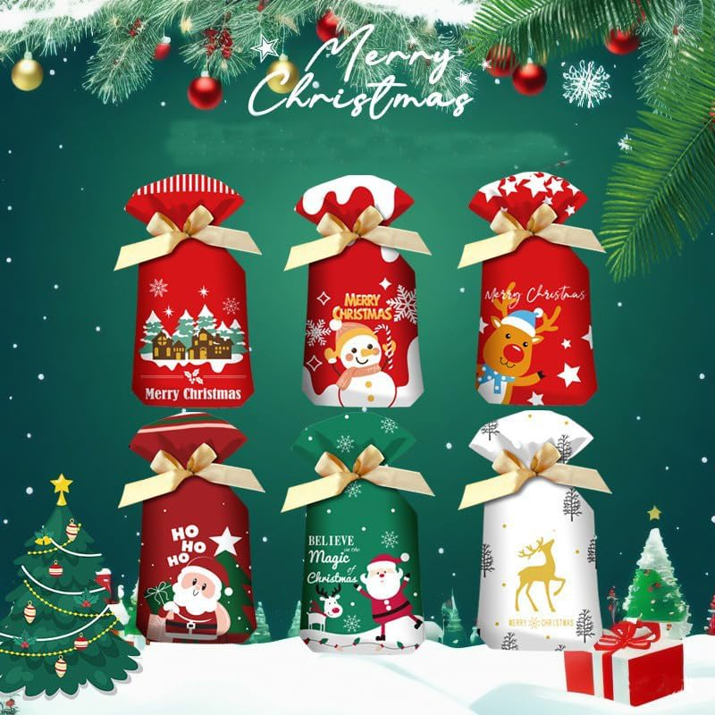 Christmas Candy Treat Bags, Fyvadio 48 Pcs Goodies Plastic Drawstring Gift Bags, Christmas Bag, Pouch Candy Bag, Treat Bag, Goody Bags for Candy Wrapper Birthday Christmas Party Favor Supplies image number 6