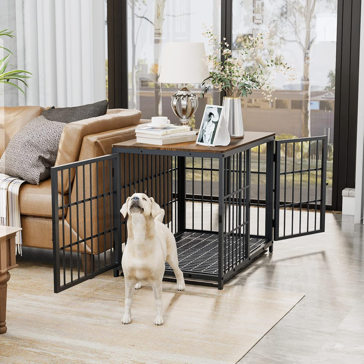 Bingopaw Wooden Dog Crate Indoor: 36Inch Furniture Style Pet Cage Pet Kennel End Table with Three Doors and Removable Tray for Medium Large Dogs Black image number 4