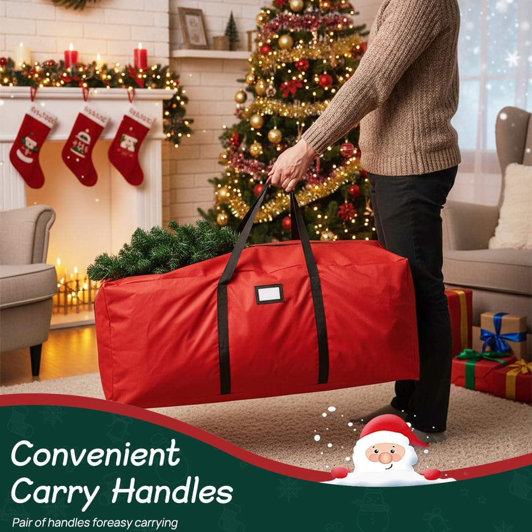 Christmas Tree Storage Bag Fits Artificial Trees up to 9 Feet Waterproof Heavy Duty Xmas Tree Bag Storage Bag Waterproof Zipper & Foldable Holiday Decor Organizer (122 * 38 * 51Cm,Red) image number 3