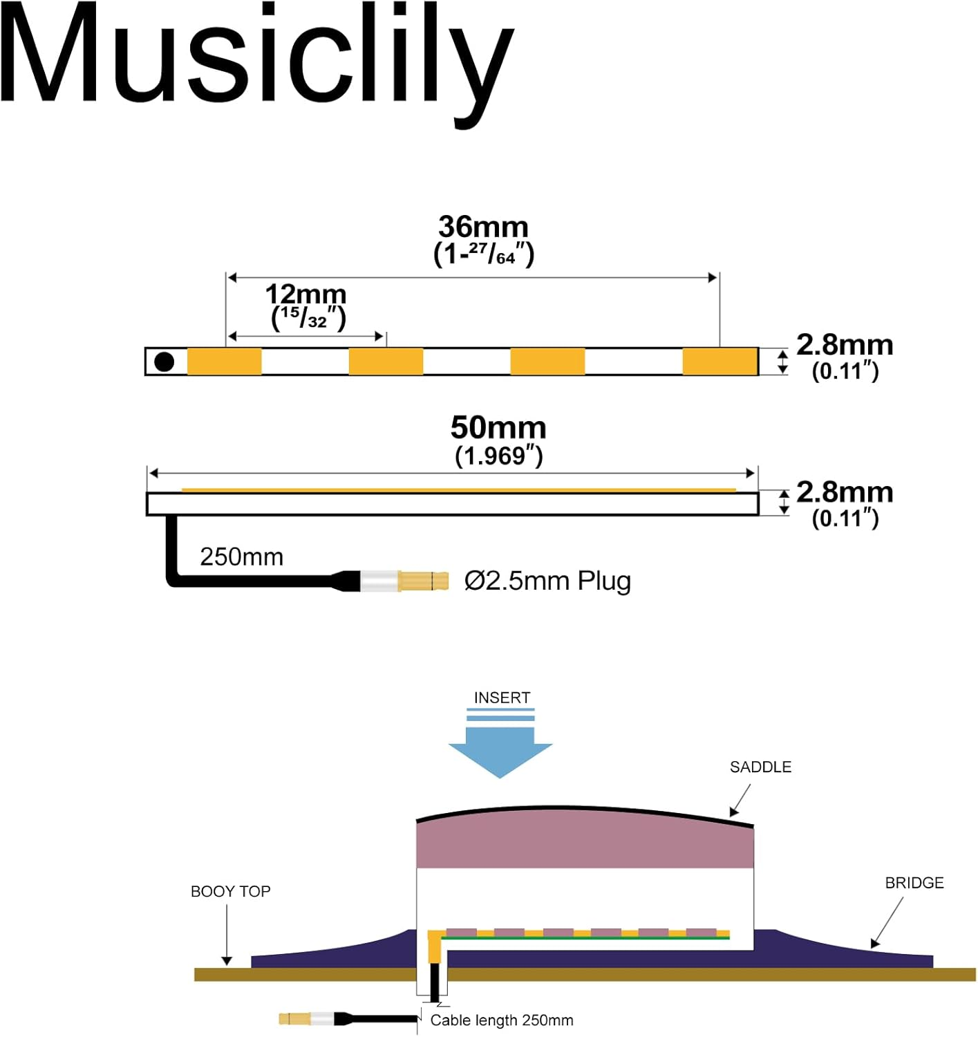 Musiclily Basic Transducer under Bridge Saddle Ceramic Piezo Pickup for Ukulele, 50Mm&times;2.8Mm image number 2