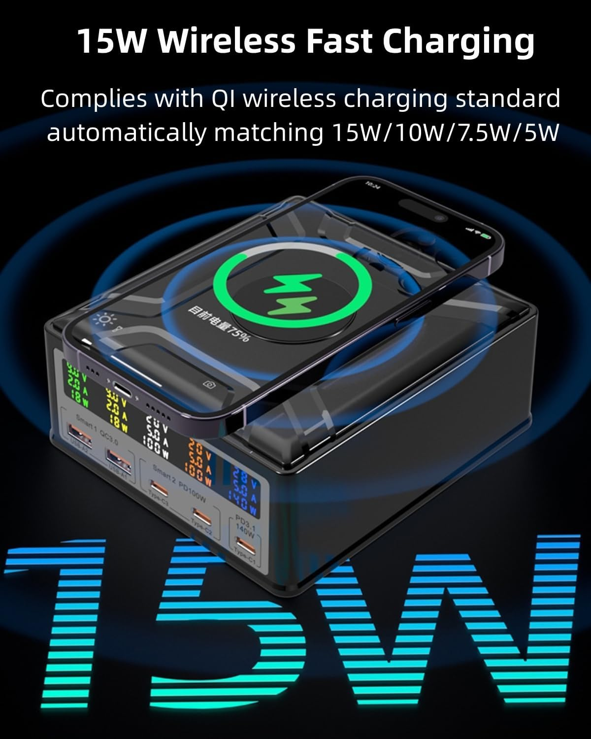 USB C Charging Station 260W, Support 140W Mac Book Pro 16 Fast Charge, Multiport USB C Charger Station 100W PD Laptop Charge Docking with 15W Wireless Charging for Macbook,Laptop,Ipad,Iphone,Samsung image number 3