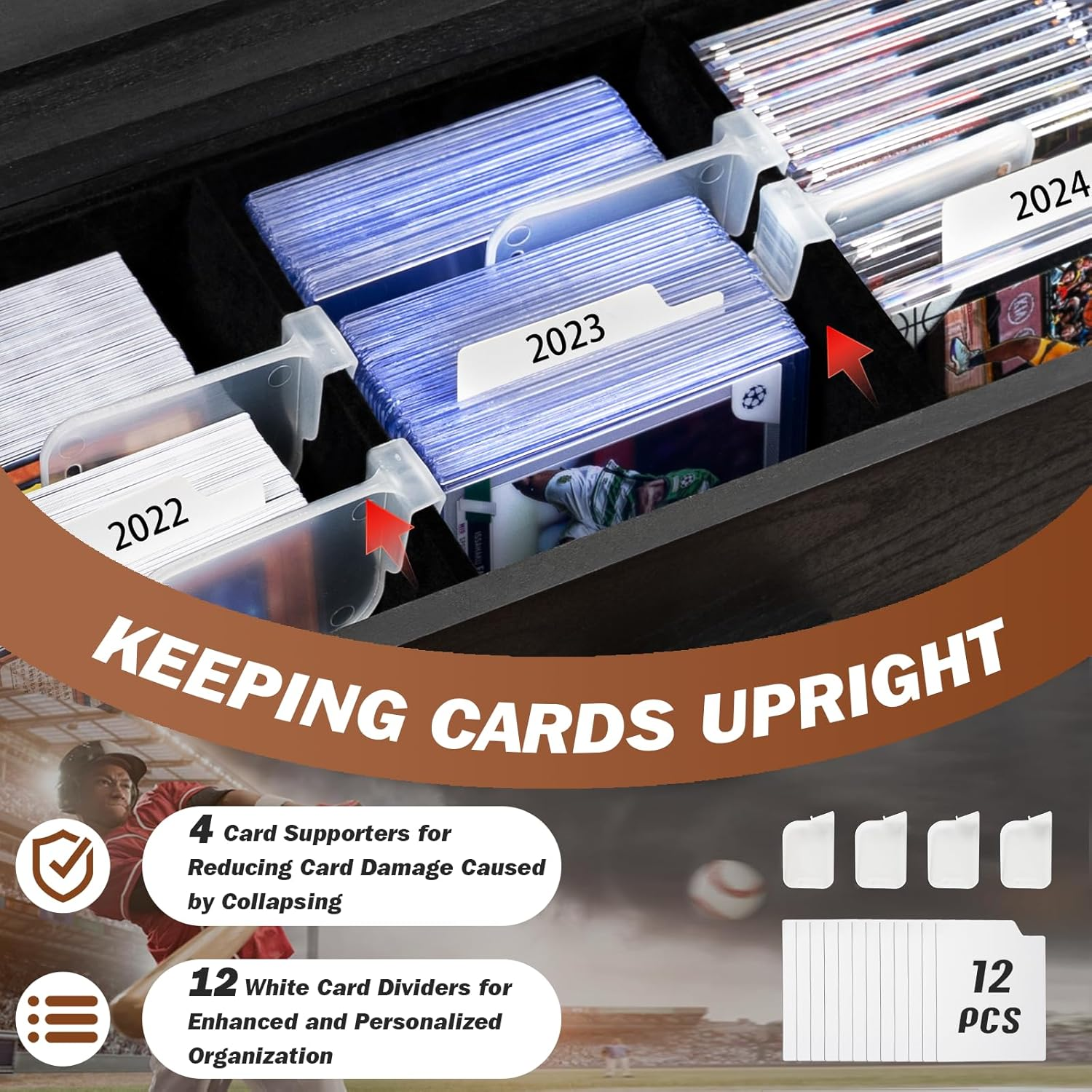 Trading Card Display, 3-Tier Trading Card Storage with Custom Drawer, Wood Graded Cards Display with Supporters and Dividers (Black) image number 3