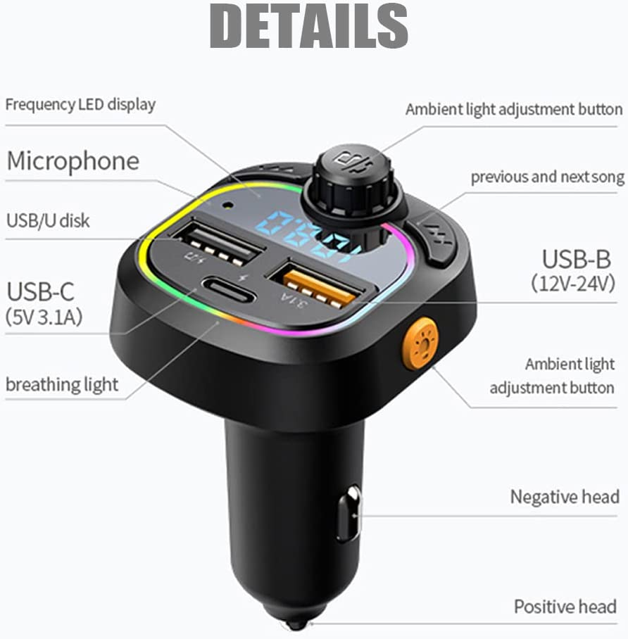 Bluetooth Car Adapter, Wireless FM Transmitter Radio Receiver Adapter Car Kit,With Dual USB Car Charging Ports, Hands Free Calling, Music Player Support TF/SD Card, USB Disk image number 2