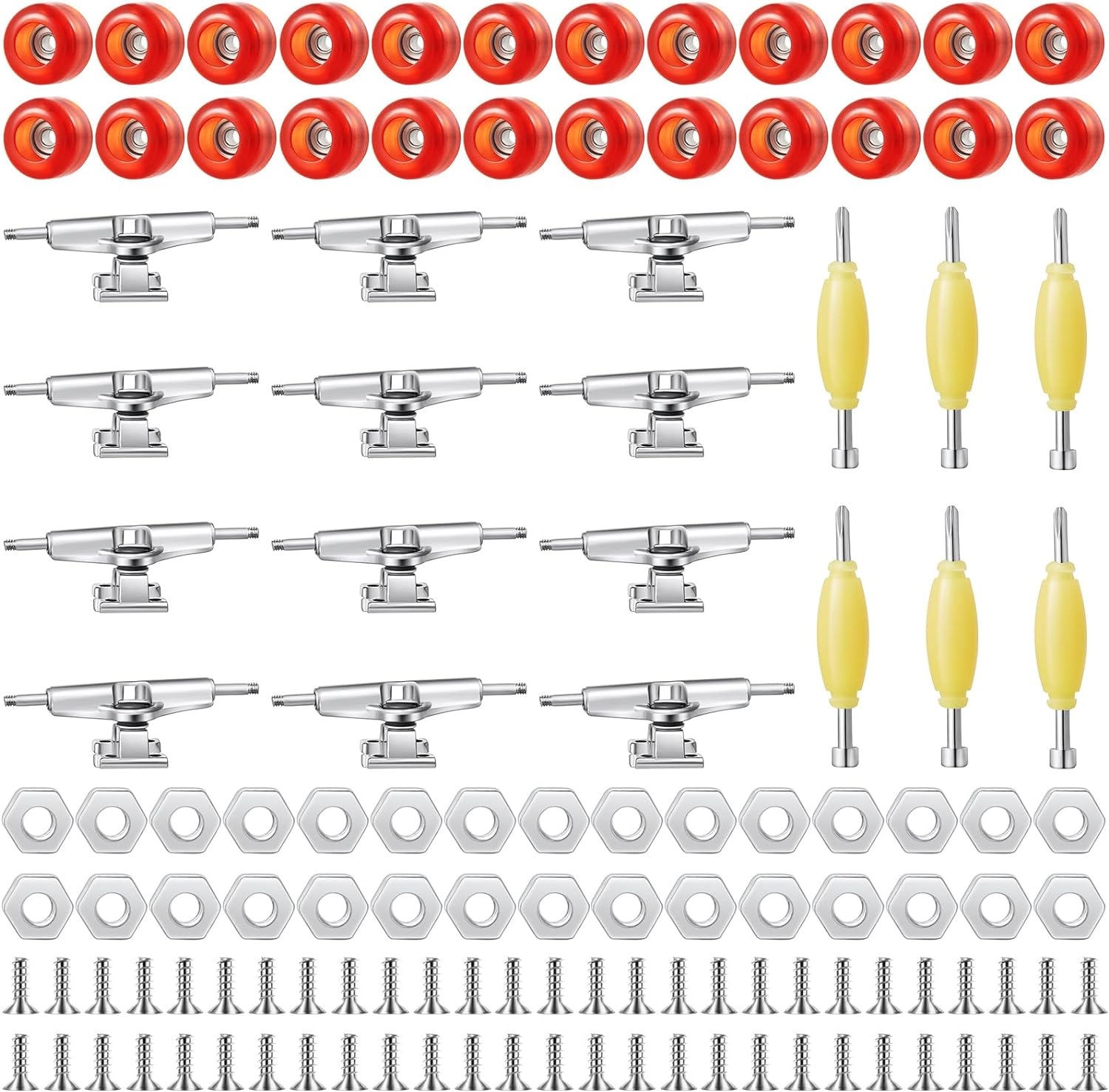 Jexine 6 Sets DIY Fingerboard Kit Fingerboard Accessories Mini Finger Skateboard Parts Include 12 Brackets 54 Screws 30 Nuts 6 Screwdriver 24 Board Wheels Tool for 96Mm(Red)