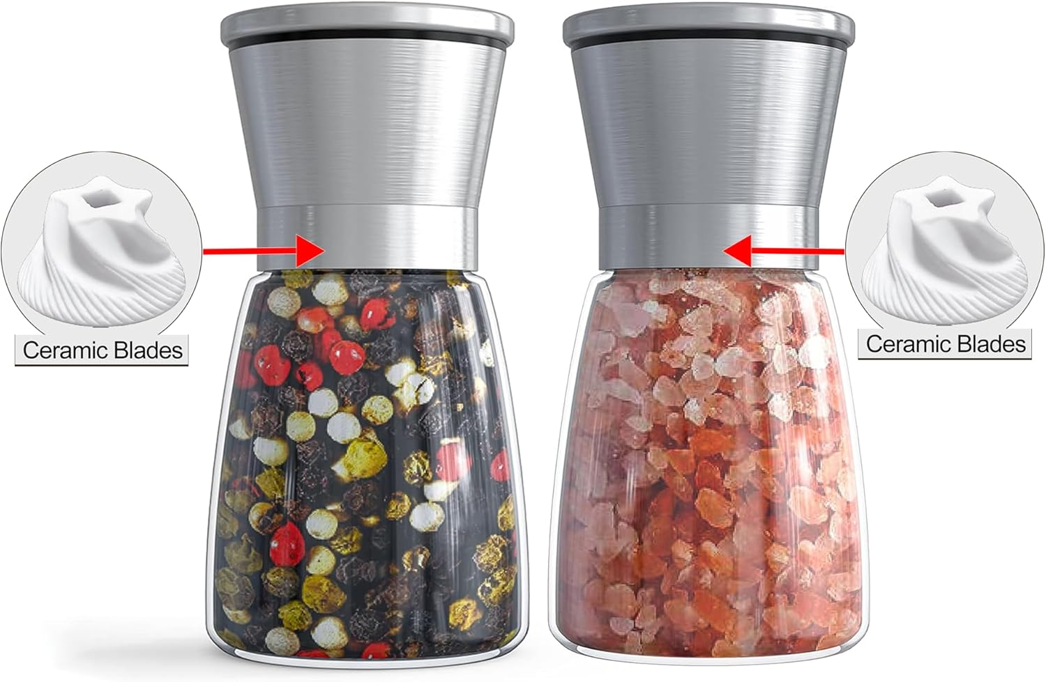 Salt and Pepper Grinder Set - Refillable Grinder Adjustable Coarseness of Pepper Salt Spice Stainless Steel Mills Glass 6Oz（2 Pack） image number 2