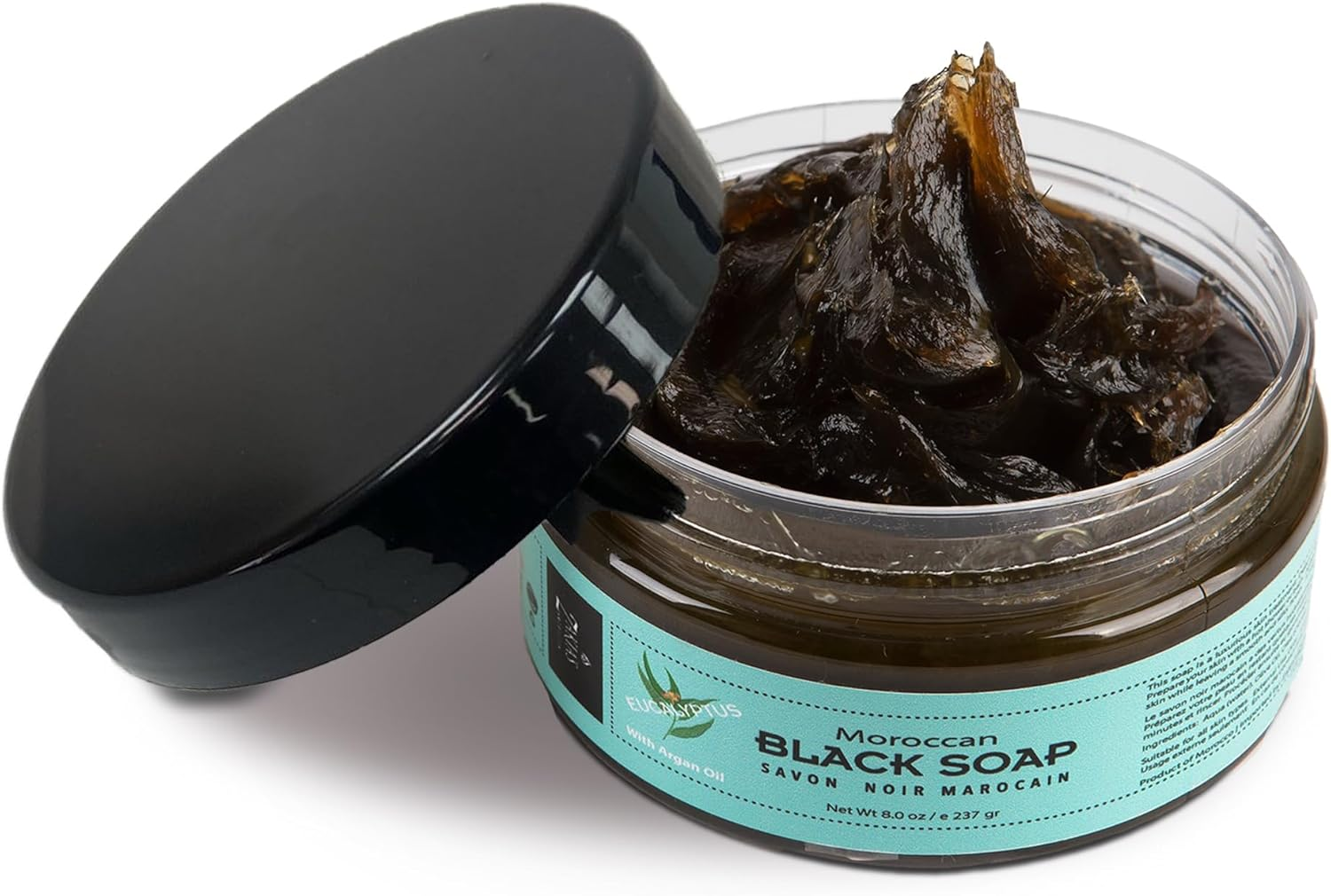 Zakia'S Morocco 8 Oz Moroccan Black Soap - Envigorating Eucalyptus Scent with Added Argan Oil plus Kessa Exfoliating Glove image number 3
