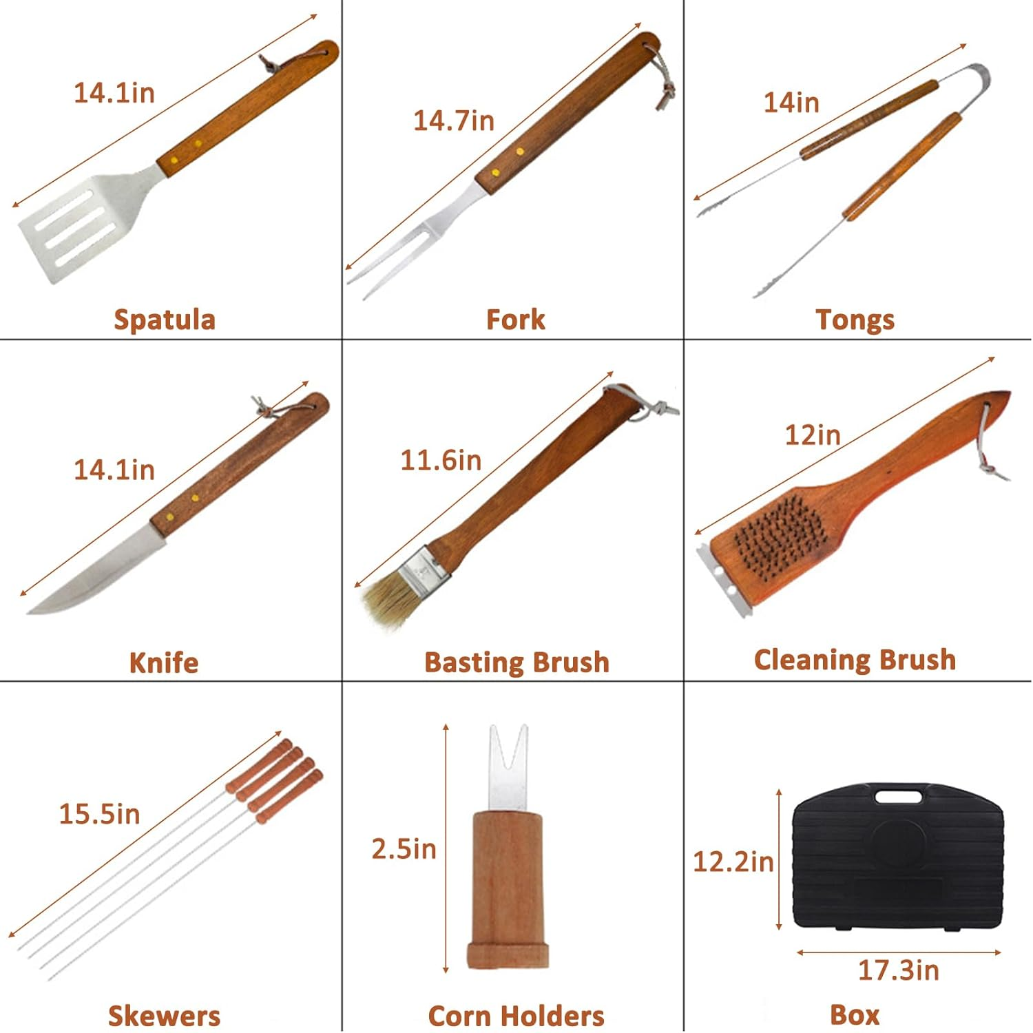 19 Piece Wooden Grill Tool Set, BBQ Accessories & Grill Tools, Durable Stainless-Steel Utensils with Recycled Plastic Case, Spatula, Tongs, Cleaning Brush & More, Grilling Gifts for Men image number 3