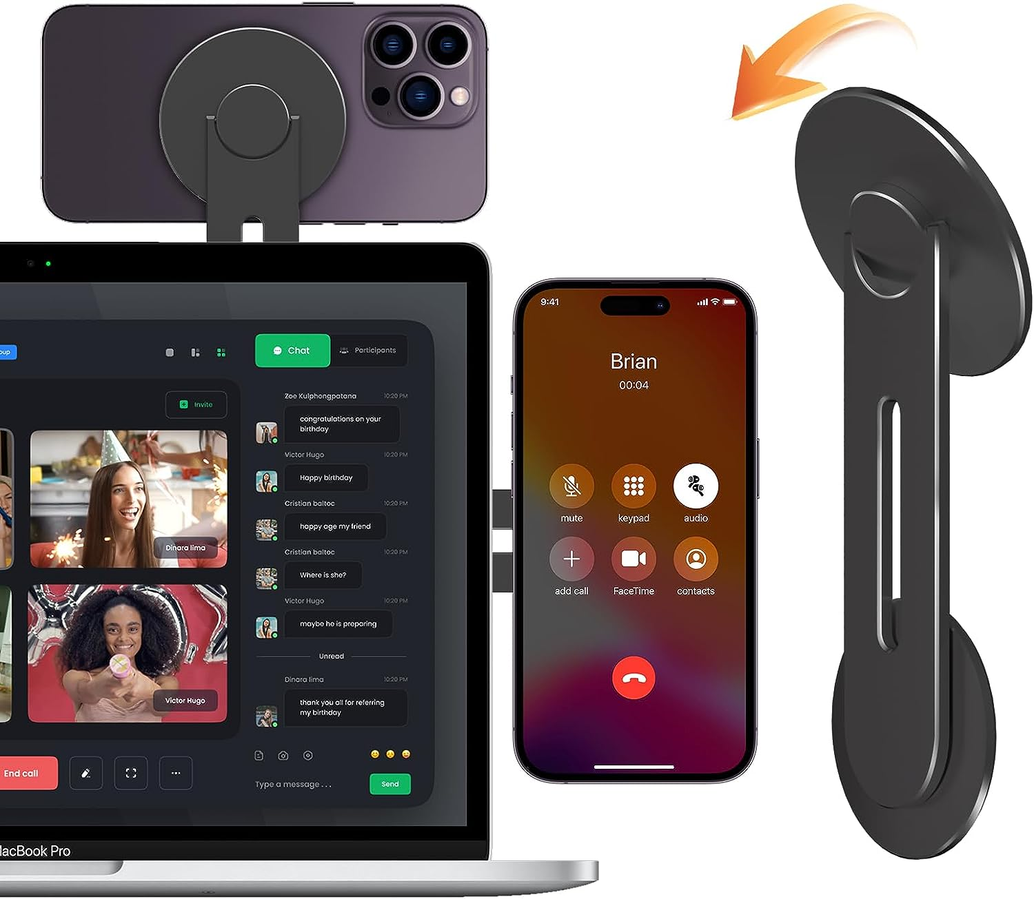 Cloudvalley Magnetic Laptop Phone Holder, Adjustable Continuity Camera Mount Compatible with Magsafe & for Ios 16 / Macos Ventura, Slim Portable Computer Expansion Bracket for Smartphone, Silver