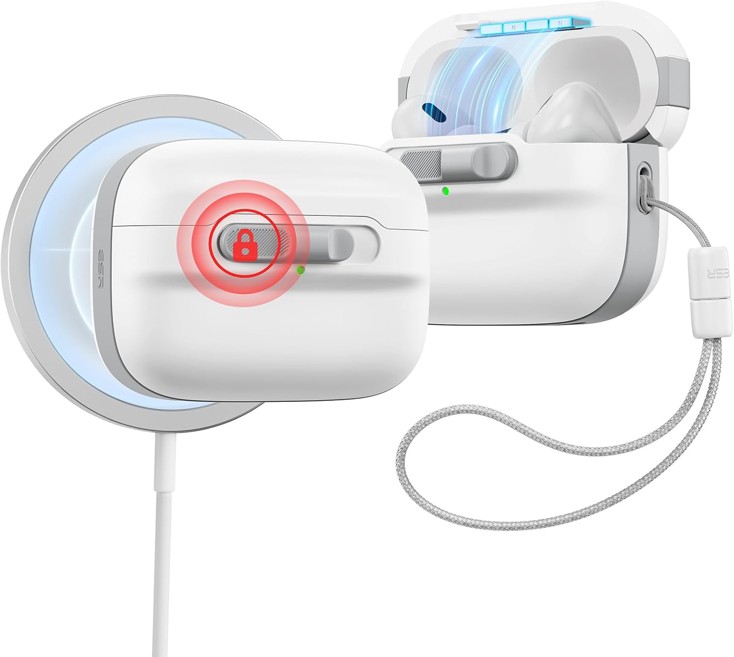 ESR for Airpods Pro 2 Case, Compatible with Airpods Pro Case 2Nd/1St Gen (2023/2022/2019), Designed for Magsafe, Magnetic Lid Lock, Full Drop Protection Cover with Lanyard, Pulse Series, White image number 4