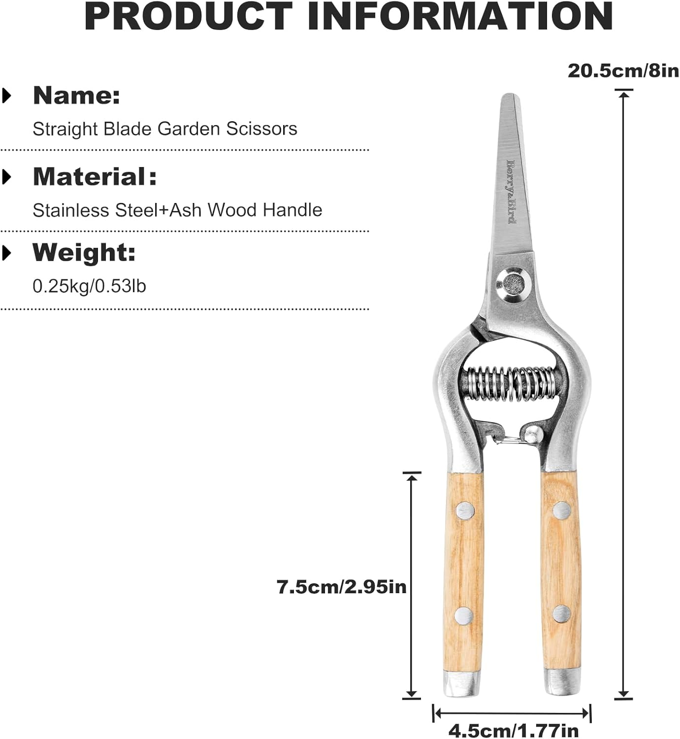 Berry&Bird Straight Pruning Shears with Stainless Steel Blades Garden Hand Pruner 8'' Scissors with Wooden Handle Clippers for Gardening Trimming Cutting Bonsai image number 4