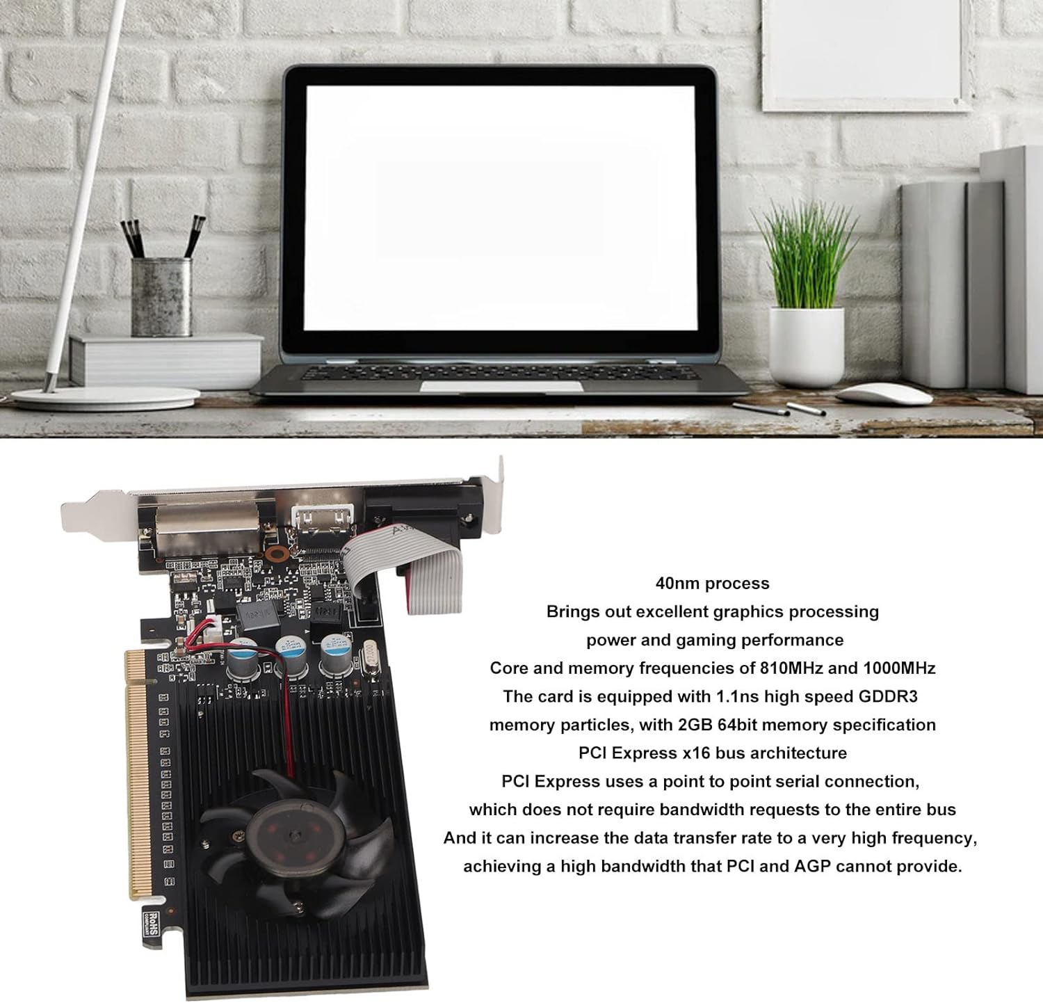 Graphics Card, GT610 2GB DDR3 64 Bit Gaming Graphic Cards with Low Noise, PCI Express X16 Computer Graphic Cards for Desktop, 1000MHZ Core Frequency (GT610 2GD3 64BI) image number 4