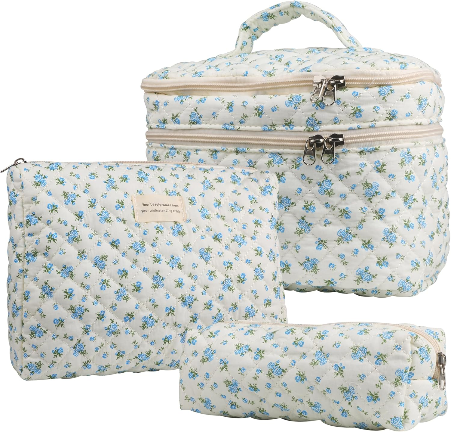Cute Makeup Bag for Women(3 Pcs), Quilted Floral Coquette Aesthetic Make up Bags, Travel Cosmetic Bags Toiletry Organizer Bag, 12 - Blue Rose