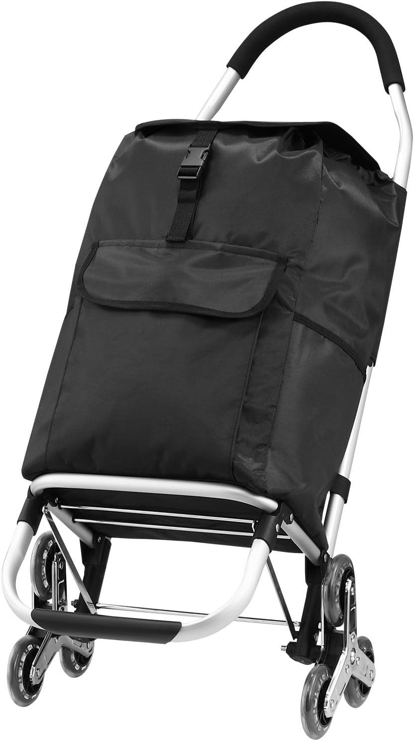 Shopping Trolley with Wheels Foldable Shopping Cart Stair Climbing Utility Cart Tri-Wheel Waterproof Nylon Shopping Bag Aluminium Framed Black