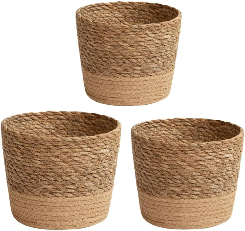 3 Pcs Handwoven Seagrass Planter with Waterproof Layer, Woven Tea Room Storage Baskets, Multi-Size Plant Pots &Organizer Bins, Rustic Coffee Brown Home Decor, for Living Room, Bedroom, Office image number 2