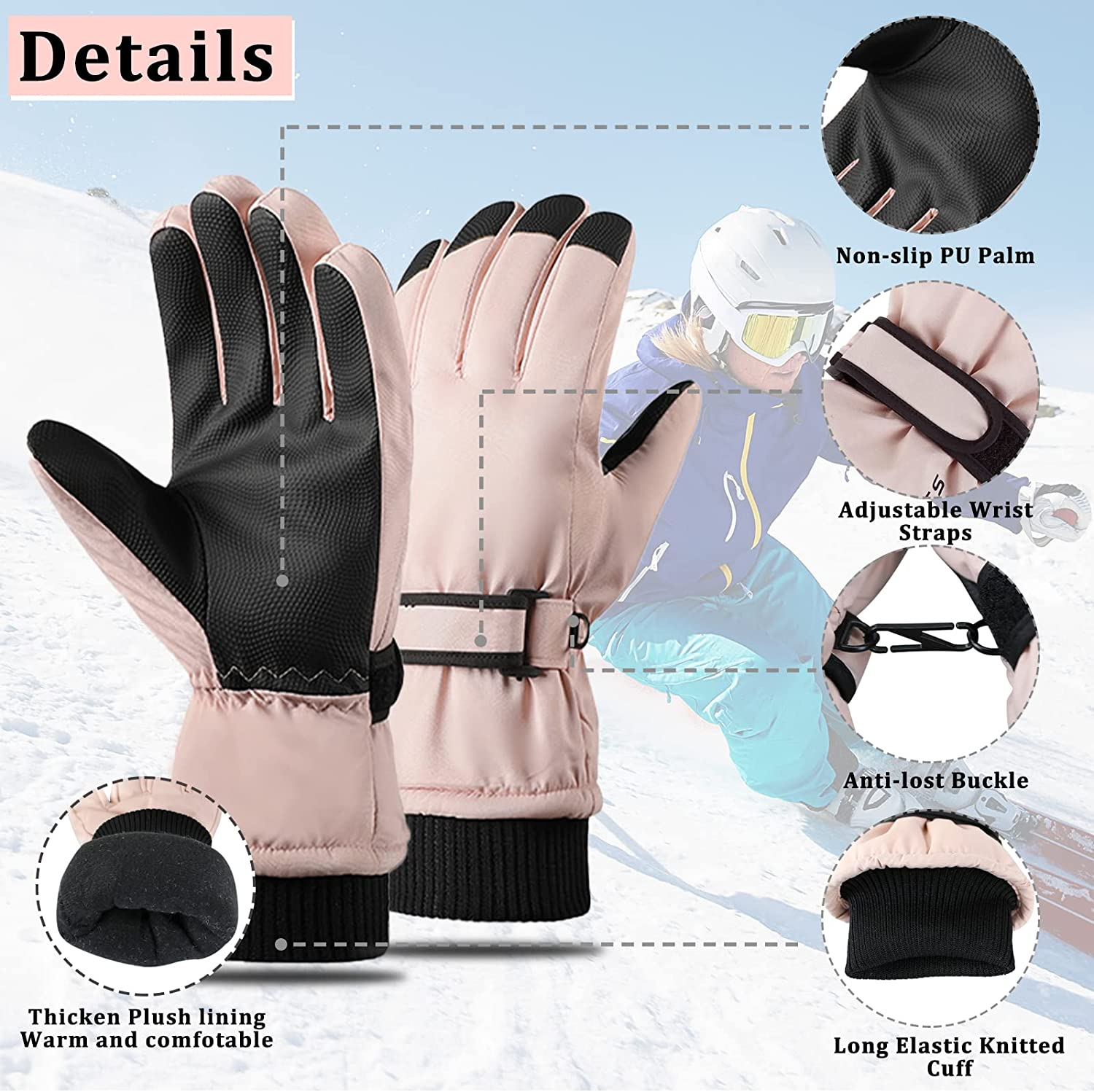 Andiker Women Winter Ski Gloves, Waterproof Touchscreen Anti-Slip Snowboard Gloves for Skiing Running and Cycling image number 6
