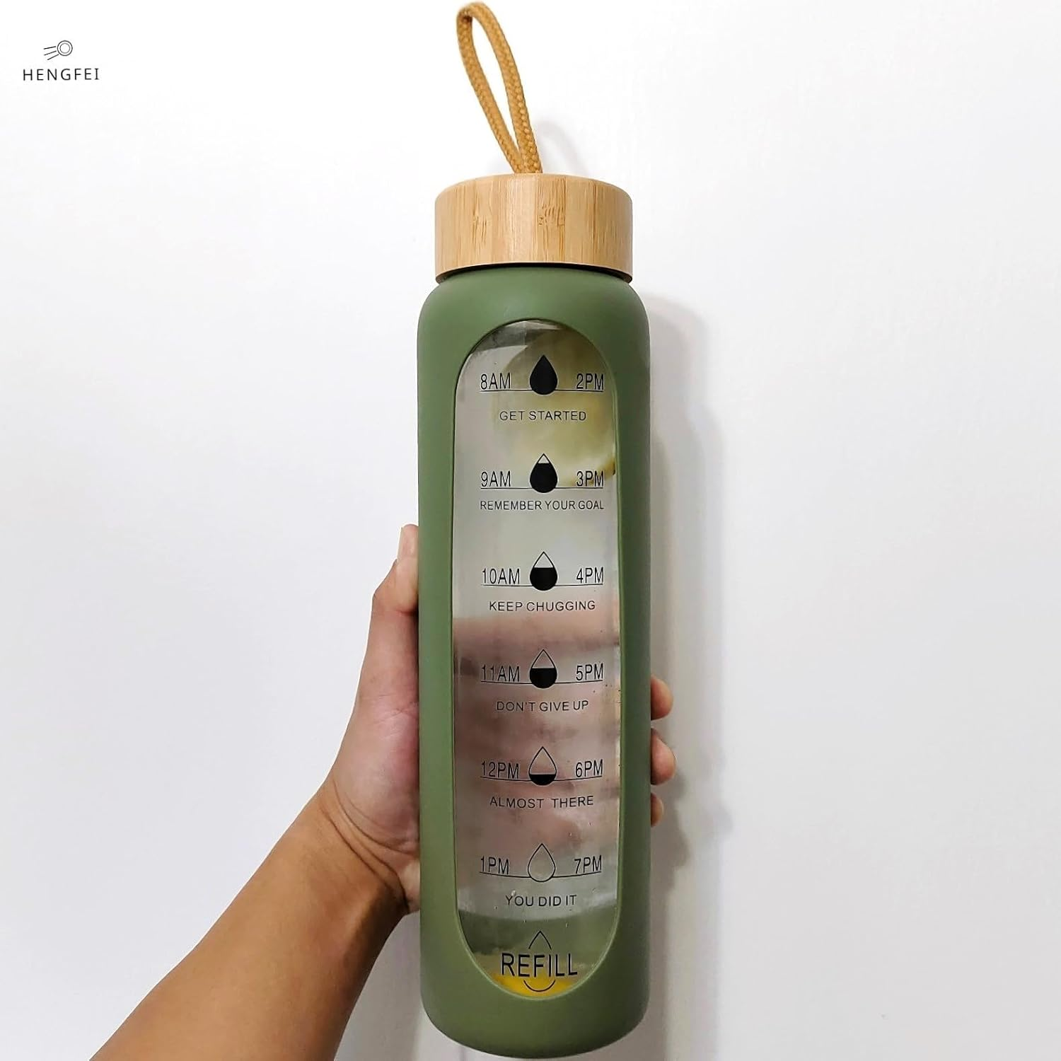 1Litre Glass Drink Bottle with Silicone Sleeve, Borosilicate Glass Water Bottle with Time Markings and Bamboo Lid, Wide Mouth (Army Green Silicone Sleeve, 1000Ml) - Dark Blue Silicone Sleeve image number 2