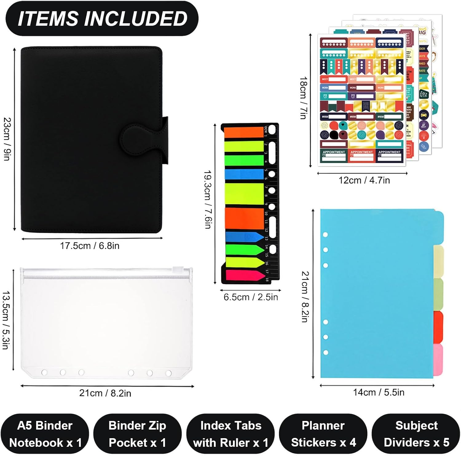 HXRTANGS PU Leather Notebook A5, 6-Ring Binder Journal Refillable Business Notebook, Personal Planner Organizer with Pockets/Pen Holder/Accessories/Lined Paper 160 Pages, Black image number 1