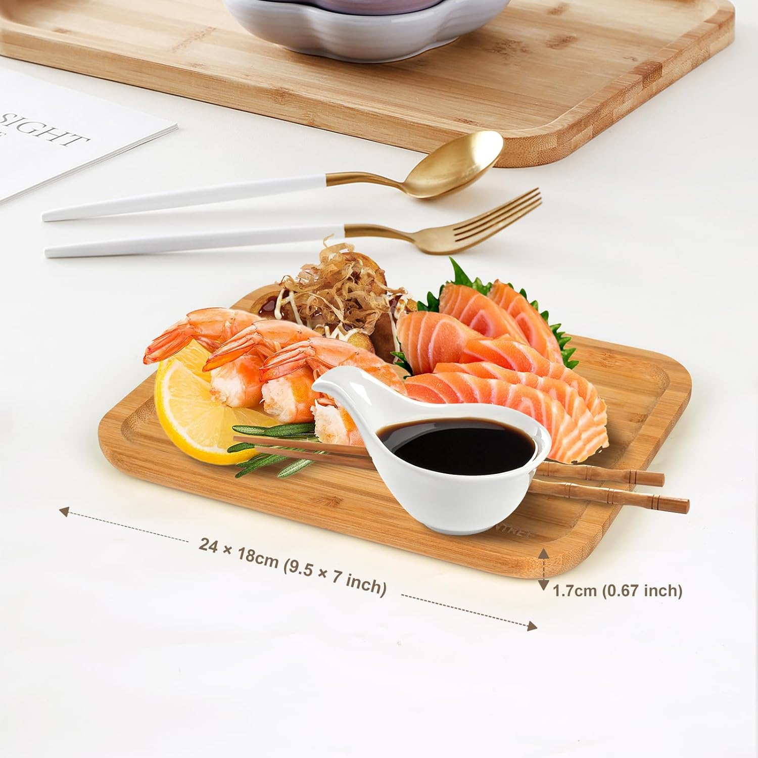 Small Bamboo Serving Tray for Food, Rectangle Wooden Tray for Eating Breakfast, Tea Coffee (24X18X1.7 CM) image number 1