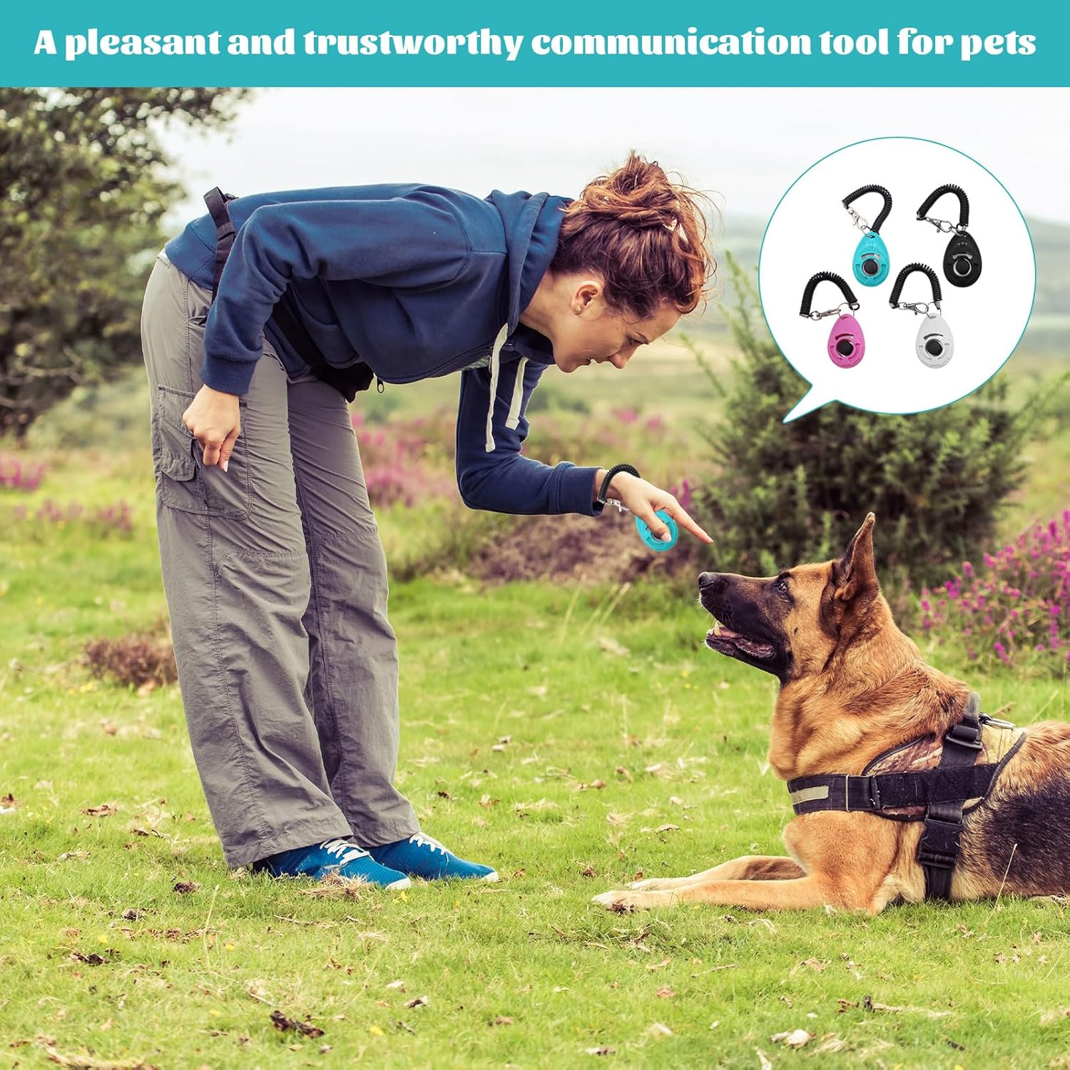 Dog Clicker, 4Pcs Dog Training Clicker, Pet Training Clicker, Pet Behavioral Training Tools with Wrist Strap for Pet like Dog, Cat, Horse, Bird, Dolphin, Puppy (Lake Blue & White & Black & Pink) image number 5