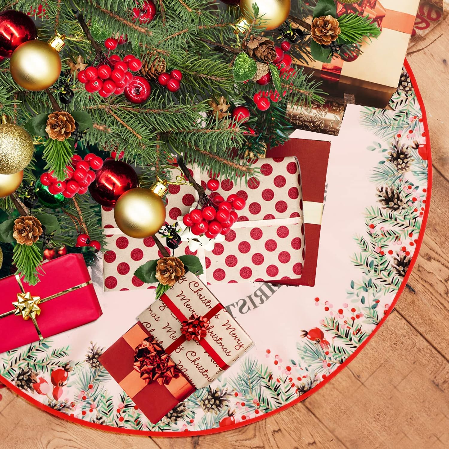 Abeillo 36 Inch Christmas Tree Skirt Red Christmas Tree Base Cover, Xmas Tree Skirt Mat for Merry Christmas Tree Decorations (90 Cm)