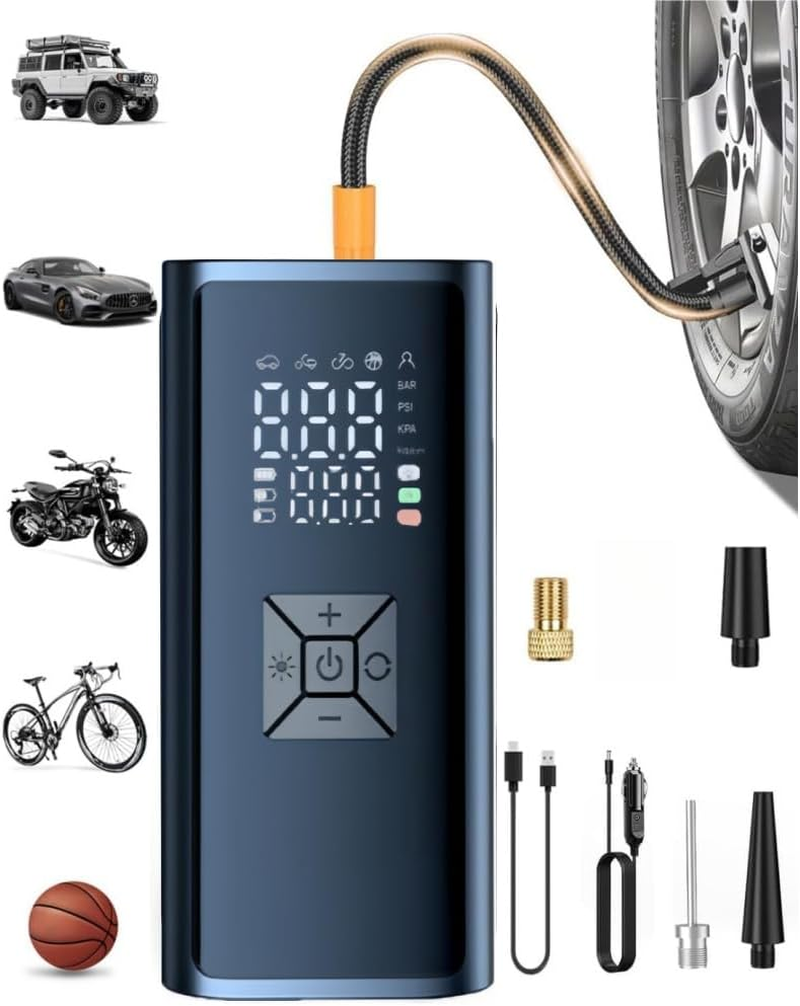 Tire Inflator Portable Air Compressor, 150 PSI Cordless Mini Bike Tire Pump, Air Pump for Auto, Motorcycle, Bicycle, Balls with Pressure Gauge&Led Light