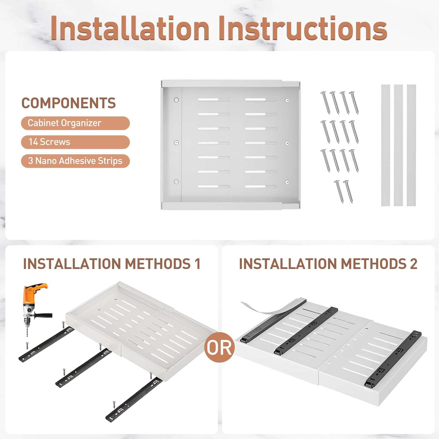 Expandable (12.6"-20.5") Pull Out Cabinet Organizer Sliding Drawer Kitchen Storage, Pantry Shelves Adjustable Peel and Stick Slide Out Drawers, Heavy Duty Adhesive Retractable Bathroom Rack image number 1