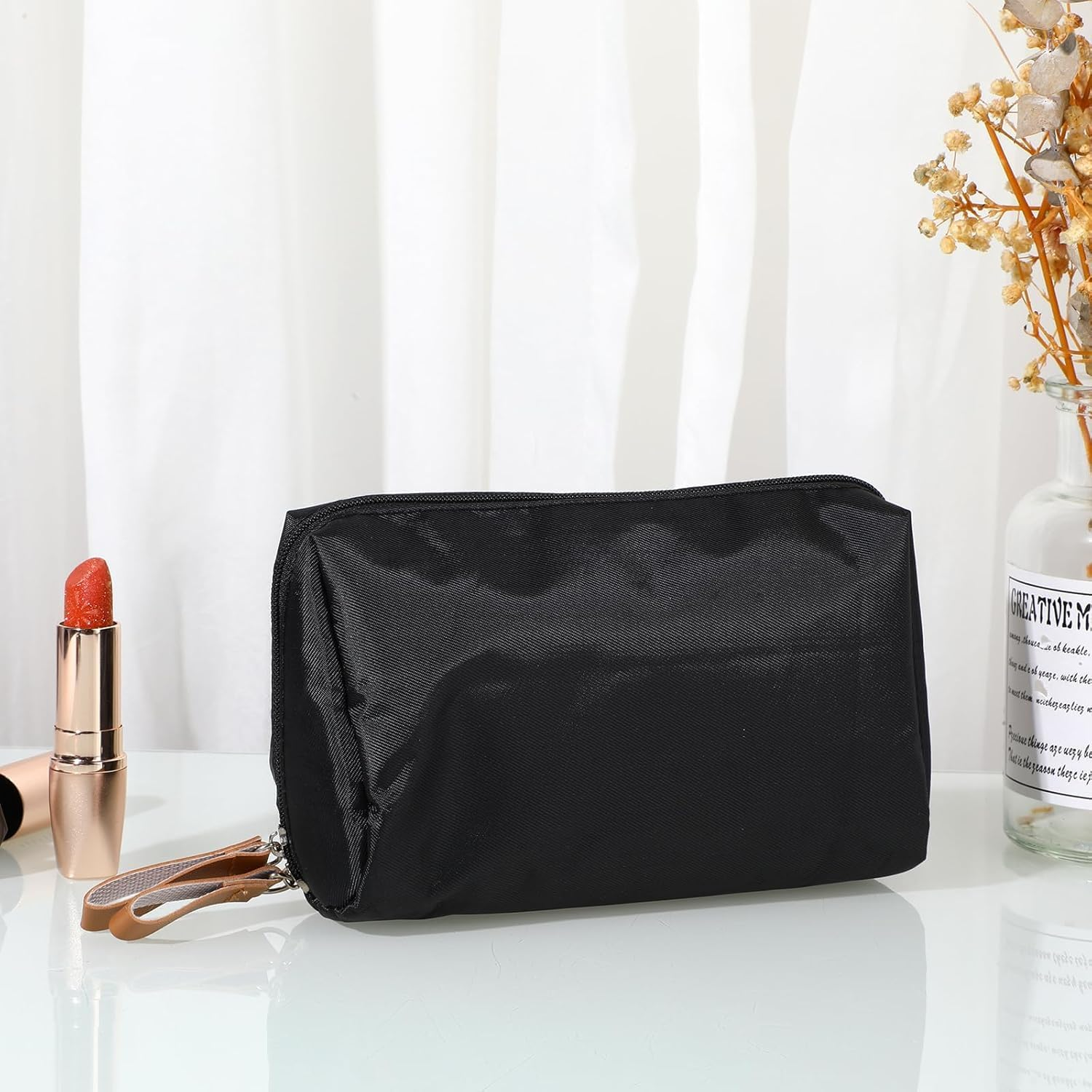 Small Makeup Bag Beauty Cosmetic Organizer Pouch,1Pc Small Cosmetic Bag Mini Portable Makeup Bag,Mini Cosmetic Bag Travel Make up Pouch with Double Zipper,Black image number 4