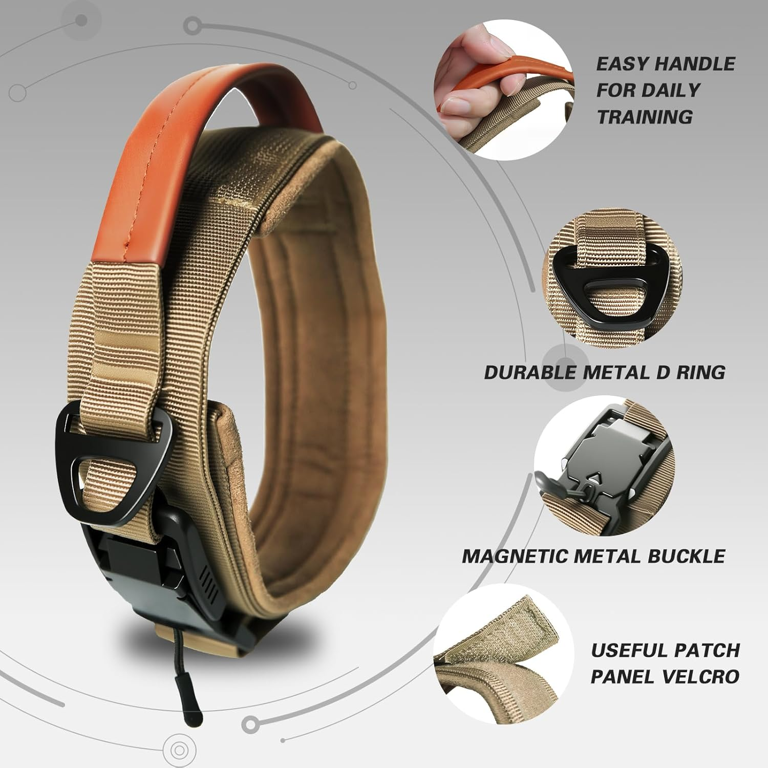 Nouri Tactical Dog Collar, Adjustable Military Training Nylon Collar with Breathable Soft Padded, Thick Pet Collar with Control Handle and Heavy Quick-Release Magnetic Metal Buckle for Dogs(M,38-44Cm) image number 4