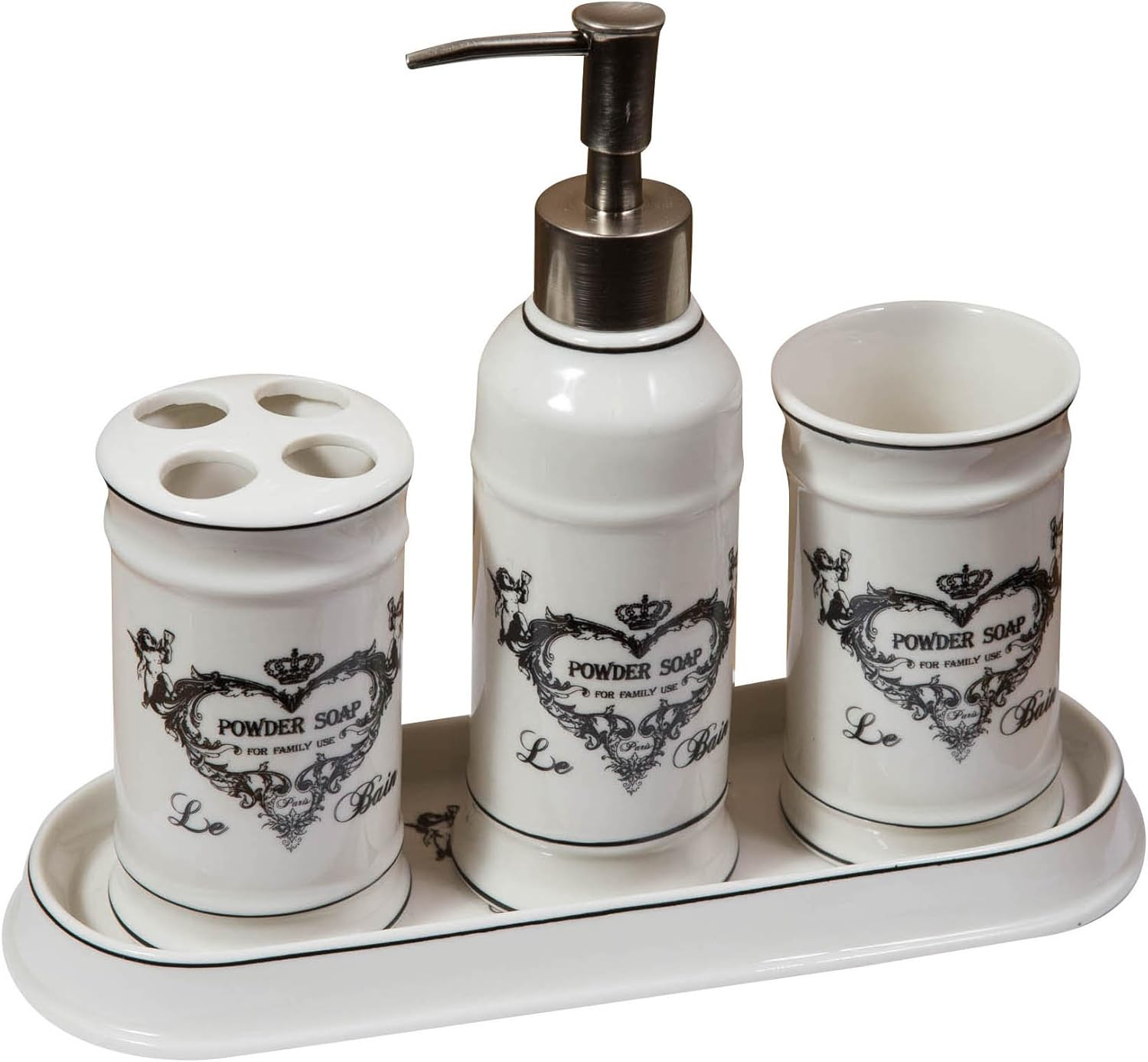 4 Piece White Porcelain Decorated Powder Soap Bathroom Set W25Xdp10Xh21 Cm Sized image number 1