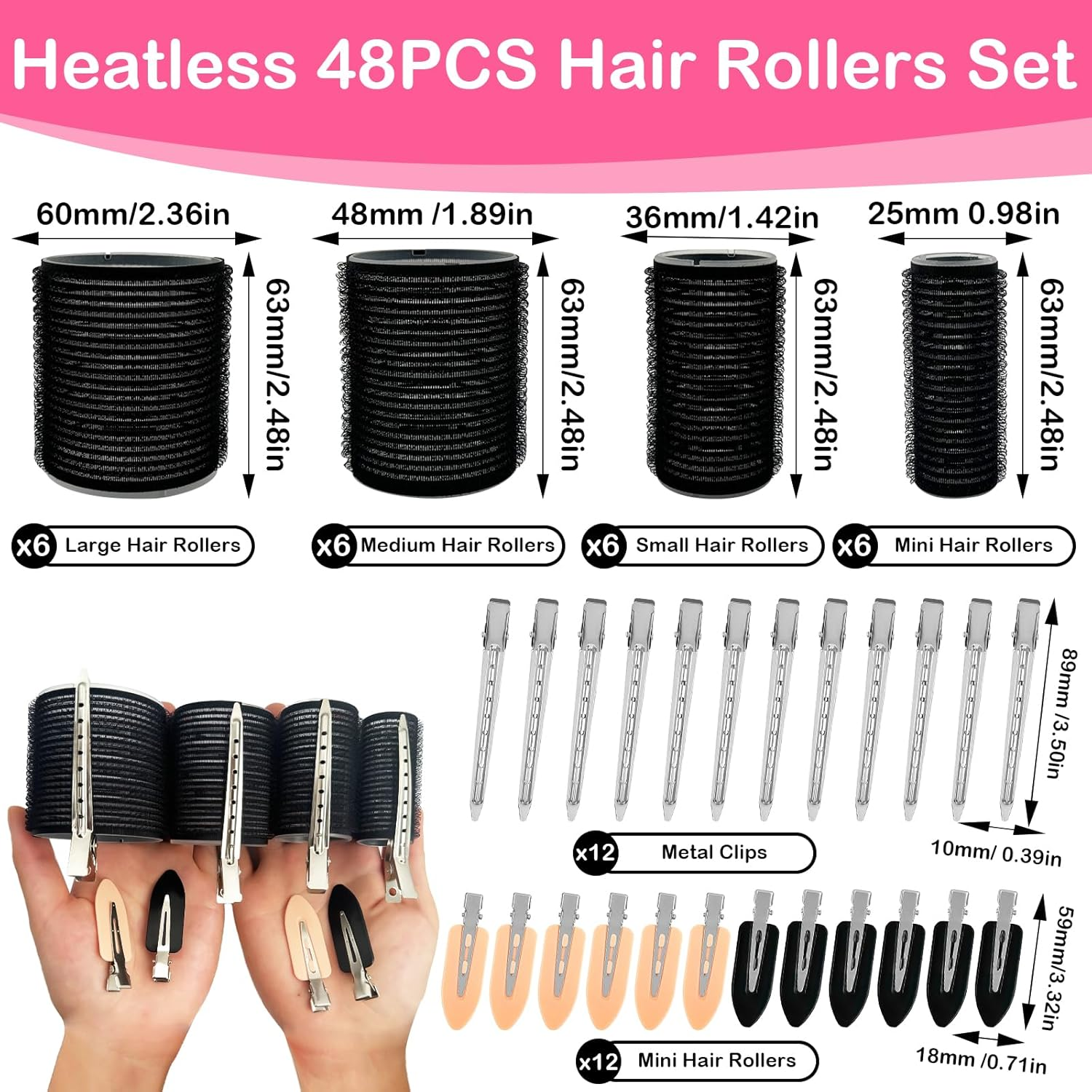 Curler Set, 48 Pieces Curls Set, 4 Sizes, 60 Mm, 48 Mm, 36 Mm, 25 Mm, Self-Adhesive Curlers with Clips, Hair Rollers for Long, Medium and Short Hair