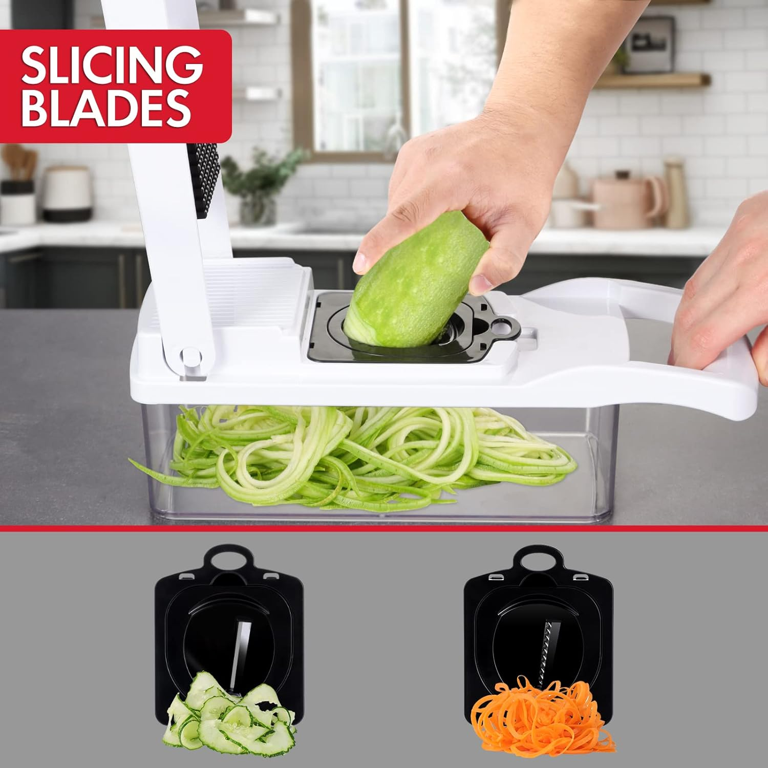 Ourokhome Vegetable Chopper Onion Cutter, 14 in 1 Professional Mandoline Slicer for Kitchen, Multifunctional Food Chopper for Potato, Tomato, Veggie with Strainer Basket, 10 Blades, Black - Black image number 5