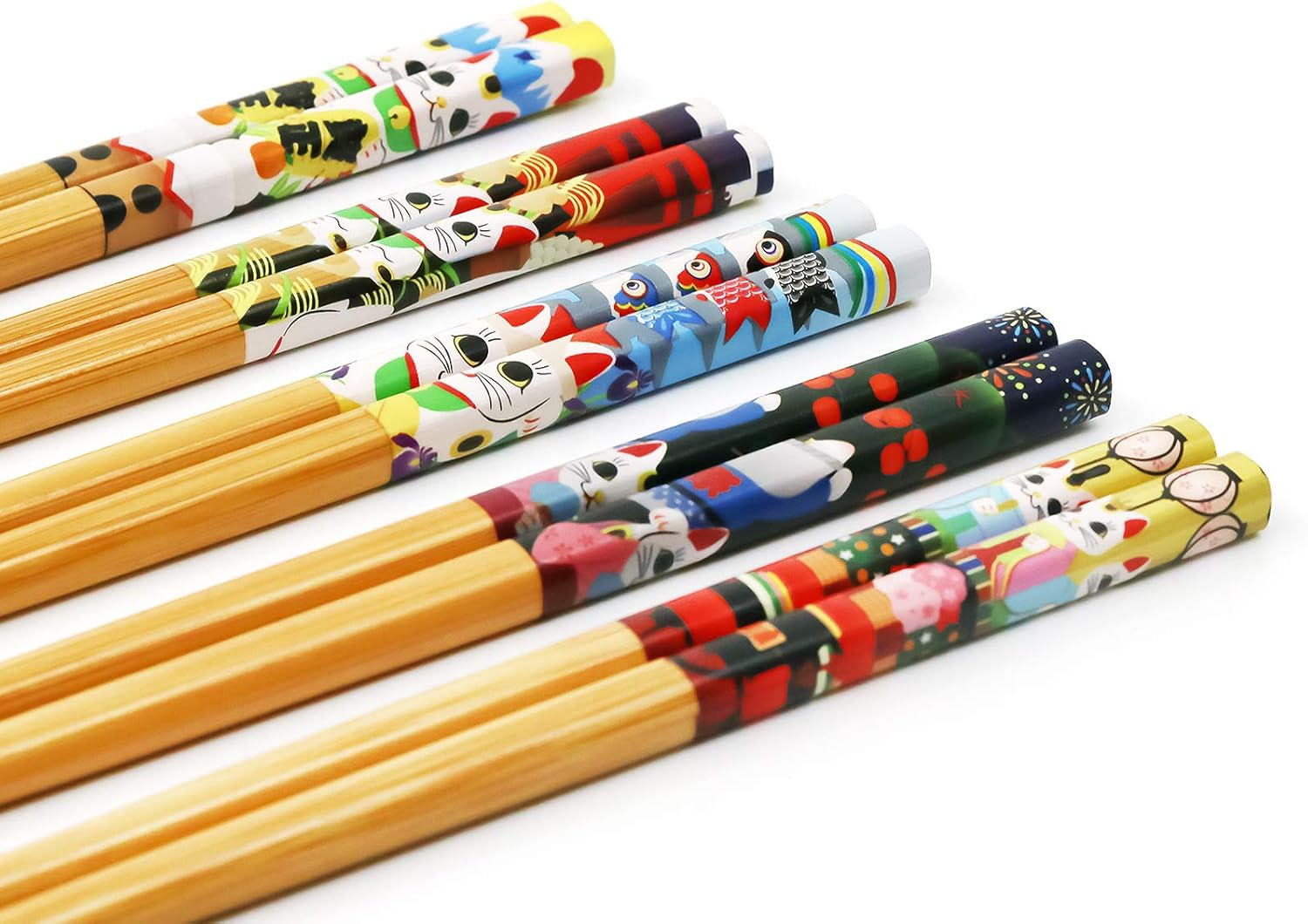 5 Pairs Chopsticks and Chopstick Rest Set, 6 Cute Lucky Cats Rest, Classic Japanese Style Light and Handy Reusable Natural Bamboo Dishwasher, Classic Gift Sets image number 1